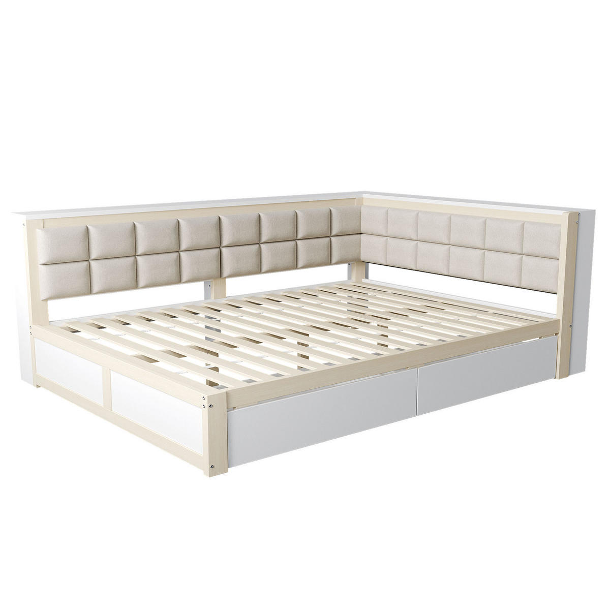 KREVET 140/200 cm s mekim naslonom i 2 ladice, borovo drvo, Prirodna boja drveta - bijela, drvni materijal (140/200cm) - Redom