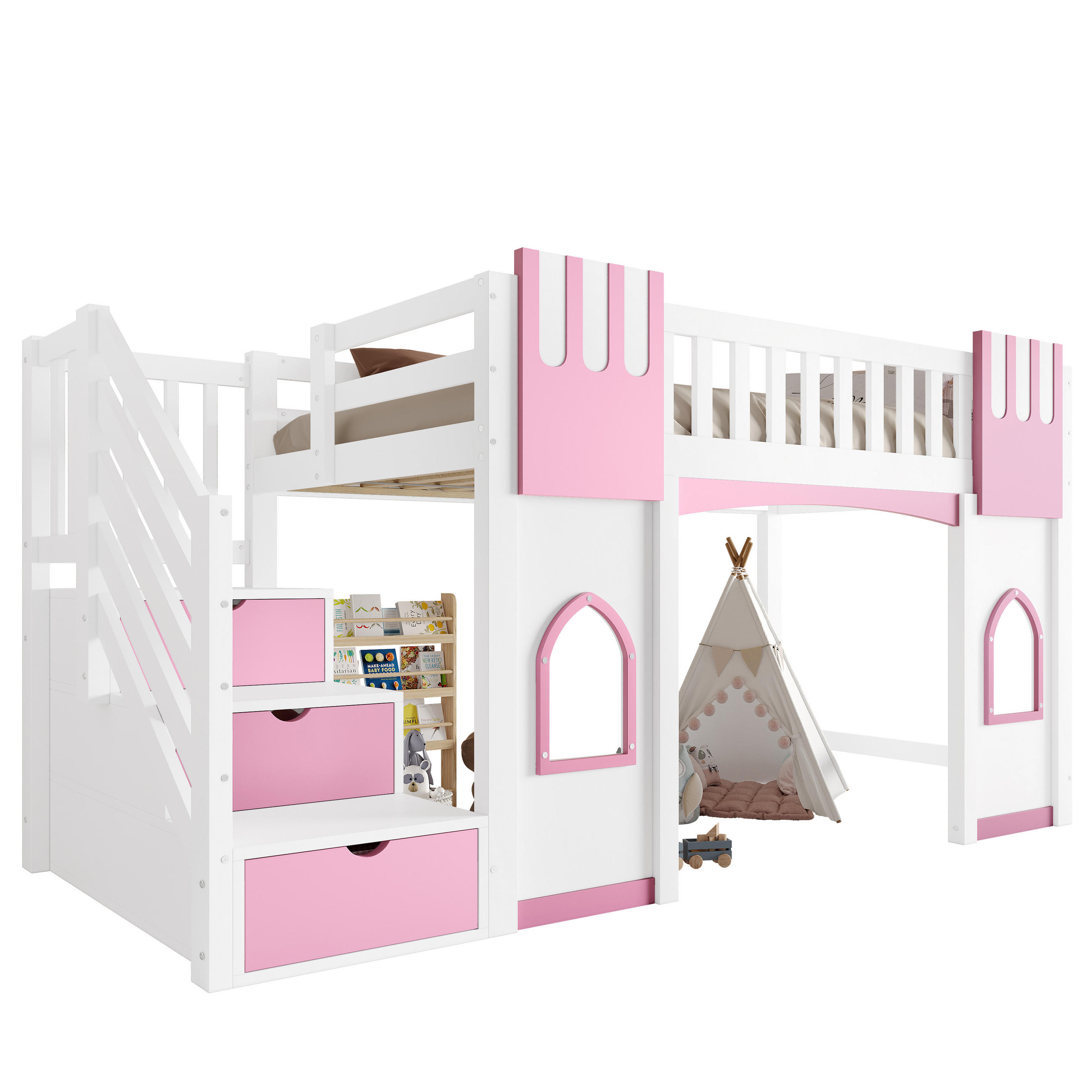 CHICFURN VYVÝŠENÁ POSTEL 90/200 cm v bílé a růžové barvě s úložnými schody a okny