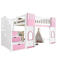 HOCHBETT 90/200 cm in Weiß & Rosa mit Stauraumtreppe und Fenstern aus Holz im verspielten Design - Rosa, Holzwerkstoff (90/200cm) - STILVORA