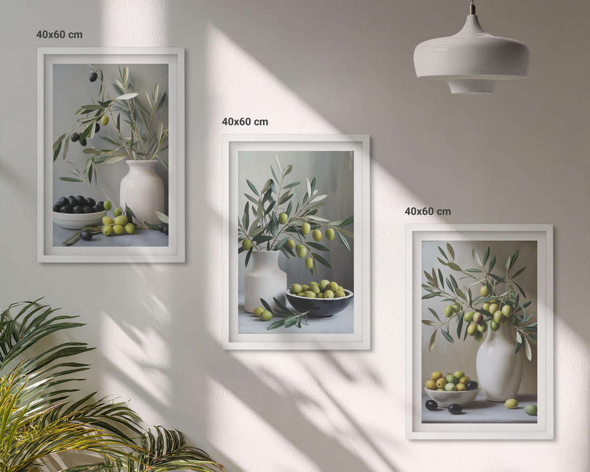 WANDBILDER 3er-Set - 40x60 cm Weißer Rahmen - Oliven in grauen Vasen - Weiß, Kunststoff (40/60cm) - ArtPrintCave