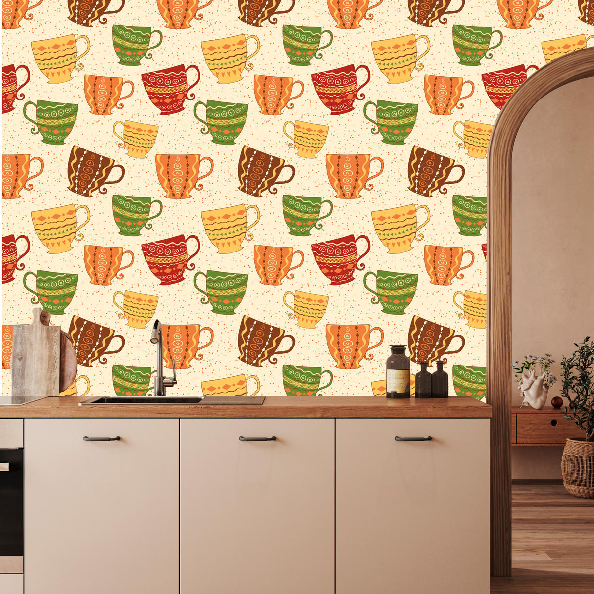 VLIESTAPETE Tassen und Punkte im Vintage-Stil – Bunt, Beige – 50x1000 cm - Beige/Multicolor, Papier (50/1000cm) - Muralo