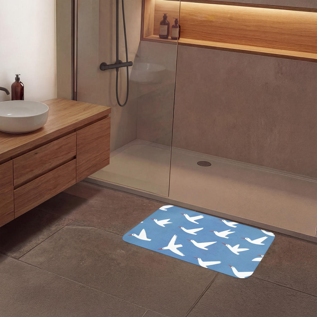 BADEMATTE Vögel - Weiß - Muster 80x50 cm - Blau, Kunststoff/Textil (80/50cm)