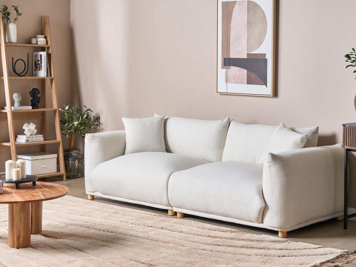 3-SITZER-SOFA cremeweiß mit Kissen Luvos - Hellbraun/Weiß, Textil (220/75/104cm) - Beliani