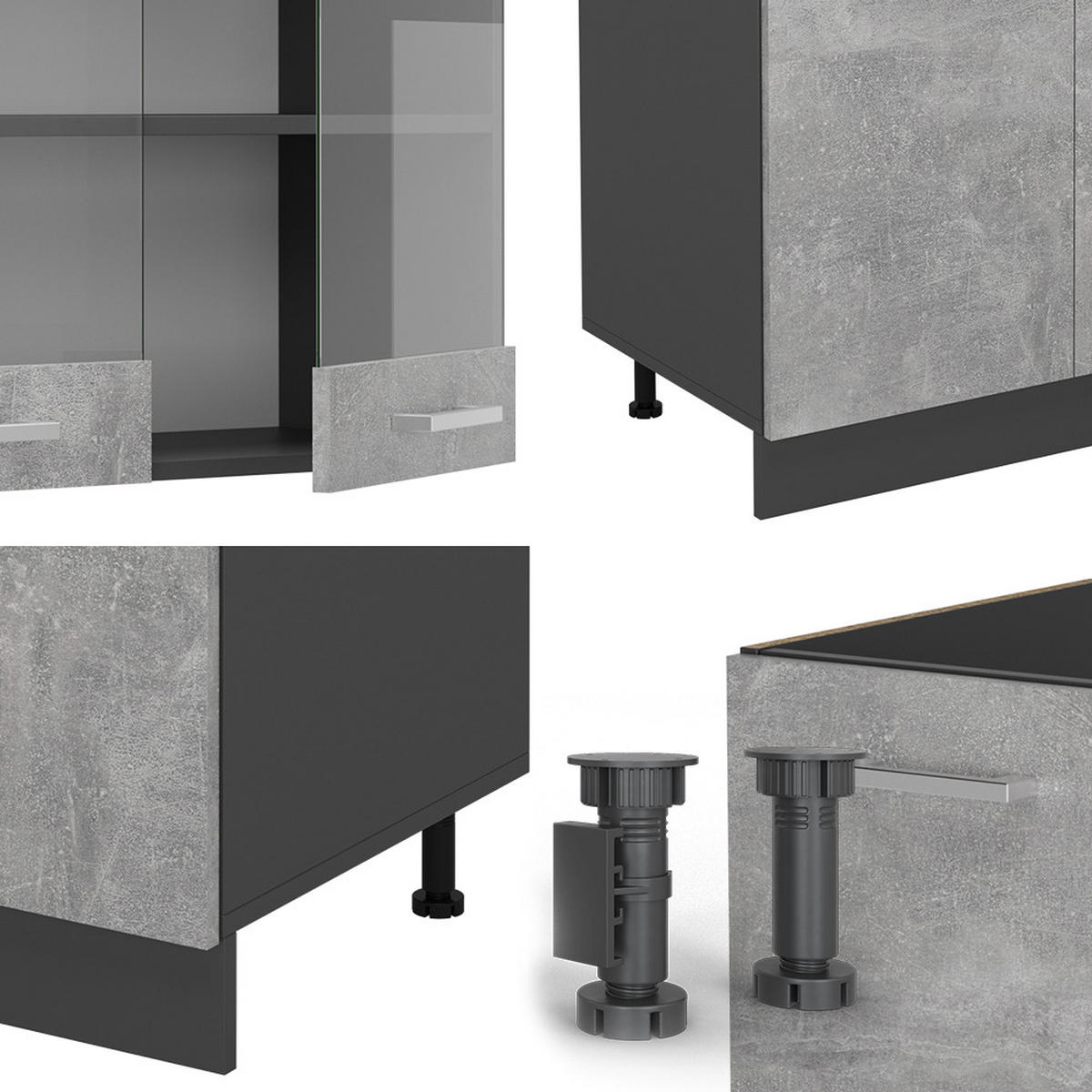 KÜCHENZEILE R-Line Beton/Anthrazit 300 cm mit Hochschrank, ohne Arbeitsplatte - Schieferfarben/Anthrazit, Holzwerkstoff (300/81.6/46cm) - Vicco