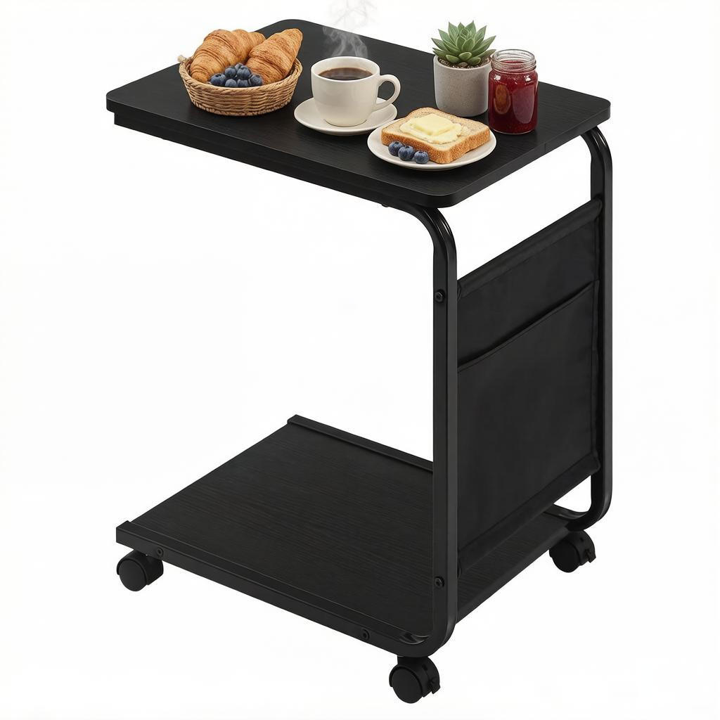 BEISTELLTISCH DE-37250 C-Form mit 2 Regalen und Tasche Schwarz - Schwarz, Metall (50/35/62cm) - ComfortXL