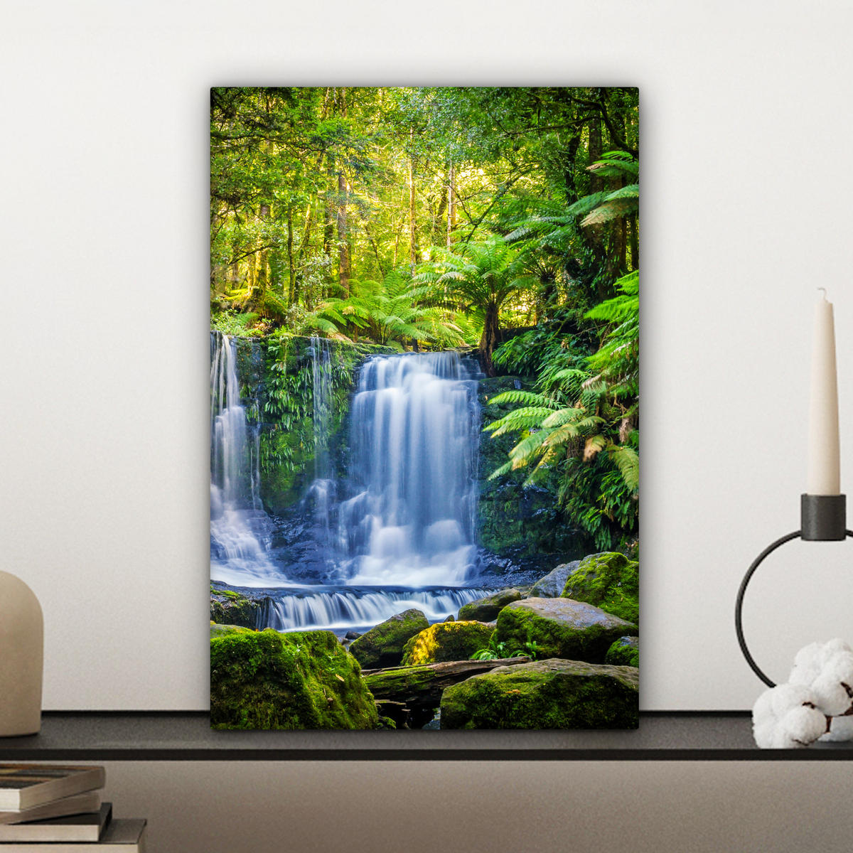 LEINWANDBILD Dschungel - Wasserfall - Australien - Pflanzen - Natur Deko Wohnzimmer 20x30 cm - Dunkelgrün, Textil (20/30cm) - MuchoWow