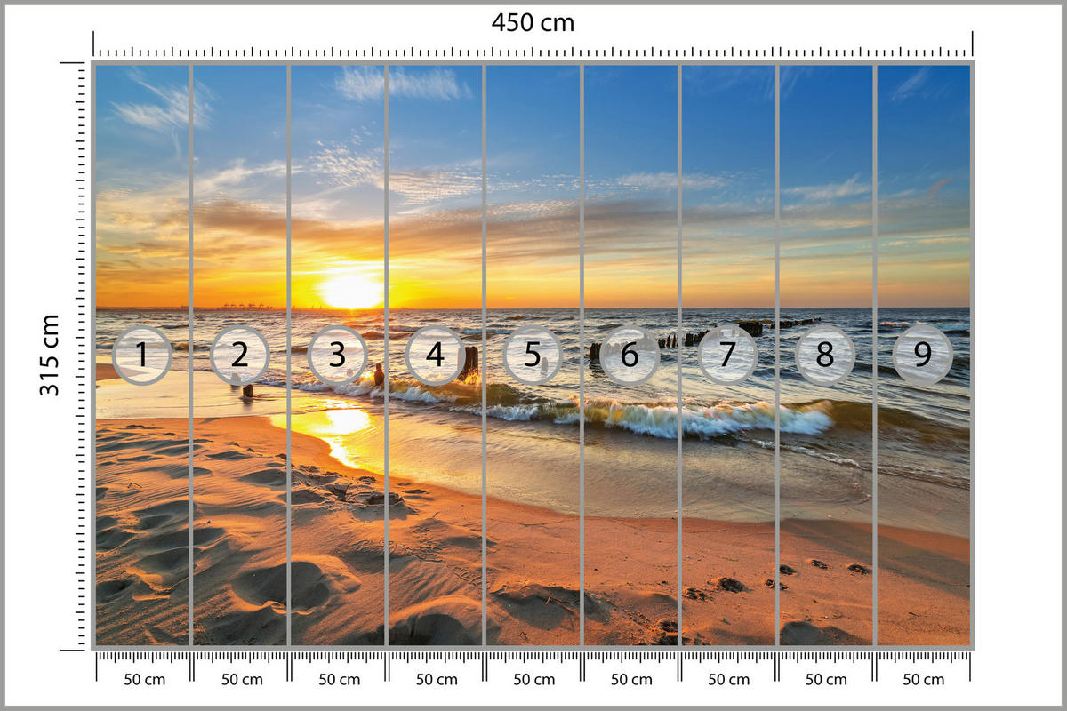 FOTOTAPETE für Wohnzimmer Sonnenuntergang Meer Landschaft Strand 450x315 - Beige/Orange, Papier (450/315cm) - Muralo