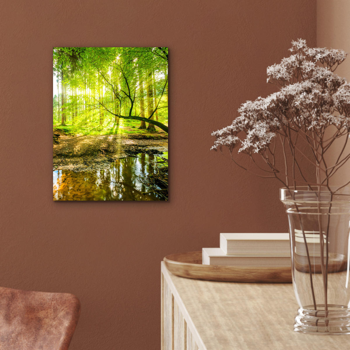 METALLBILD Wald - Landschaft - Wasser - Bäume - Sonne - Grün - Natur 30x40 cm - Grün, Metall (30/40cm) - MuchoWow