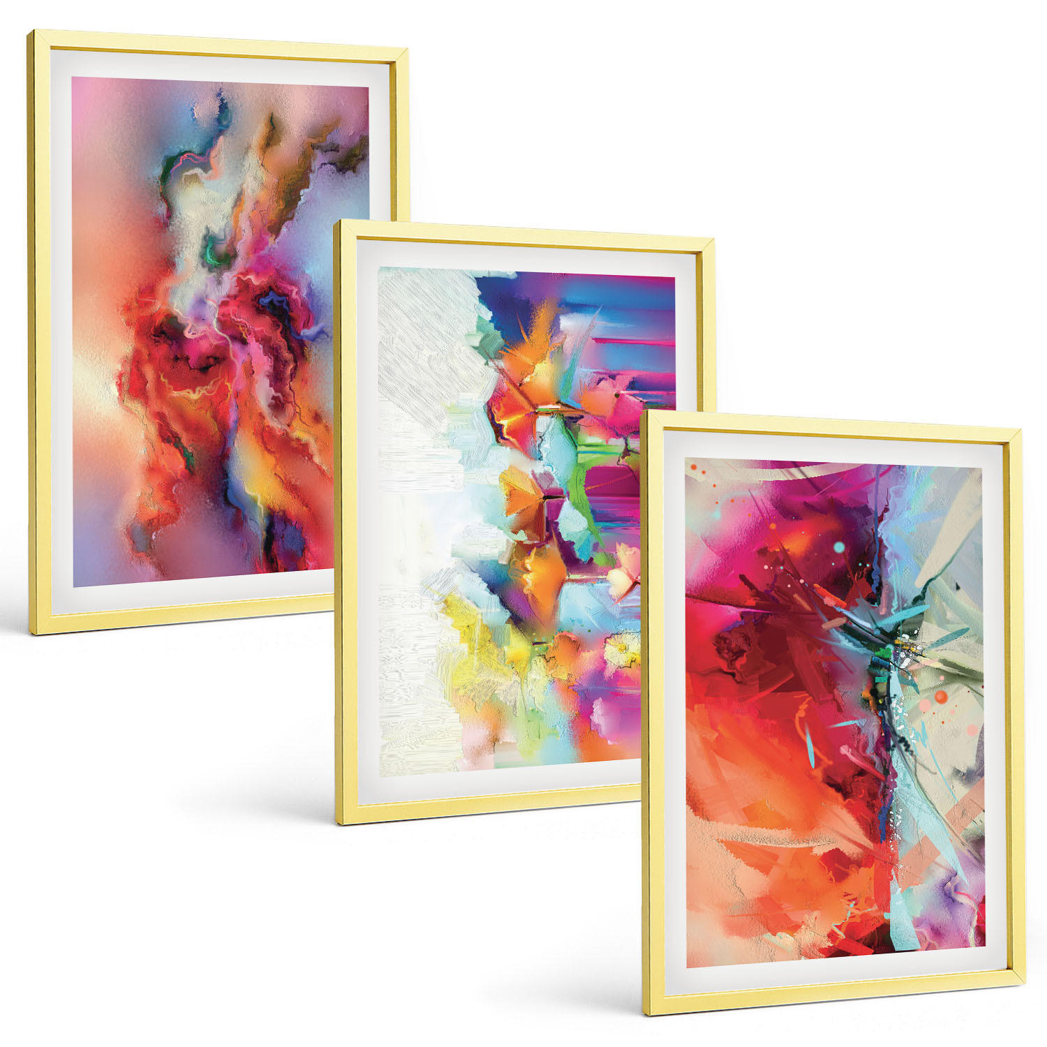 BILDER SET 3er Set - 40x60 cm Goldrahmen - Farbenfrohe Abstraktionen der Form - Goldfarben, Kunststoff (40/60cm) - TULUP