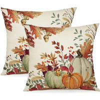 KISSENBEZUG 50x50 cm 2er Set Herbst Kürbis Deko Leinen Mischgewebe - Multicolor, Textil (50/50cm)