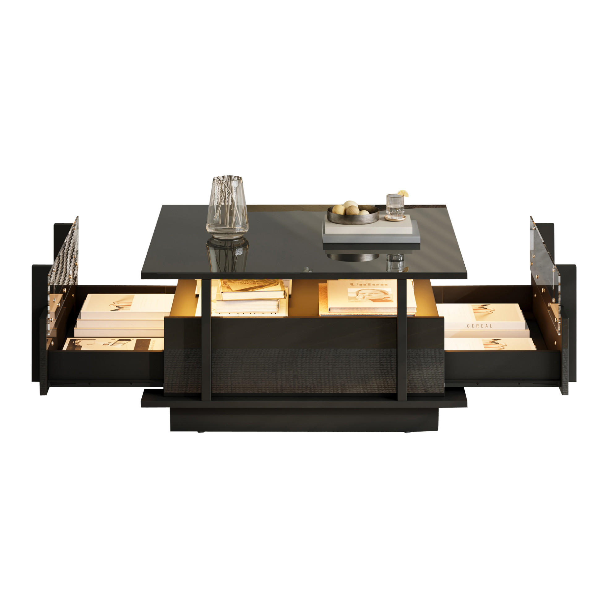 COUCHTISCH 70/70/35 cm Schwarz aus Holzwerkstoff mit LED-Beleuchtung und 2 Schubladen - Schwarz, Holzwerkstoff (70/70/35cm) - OKWISH