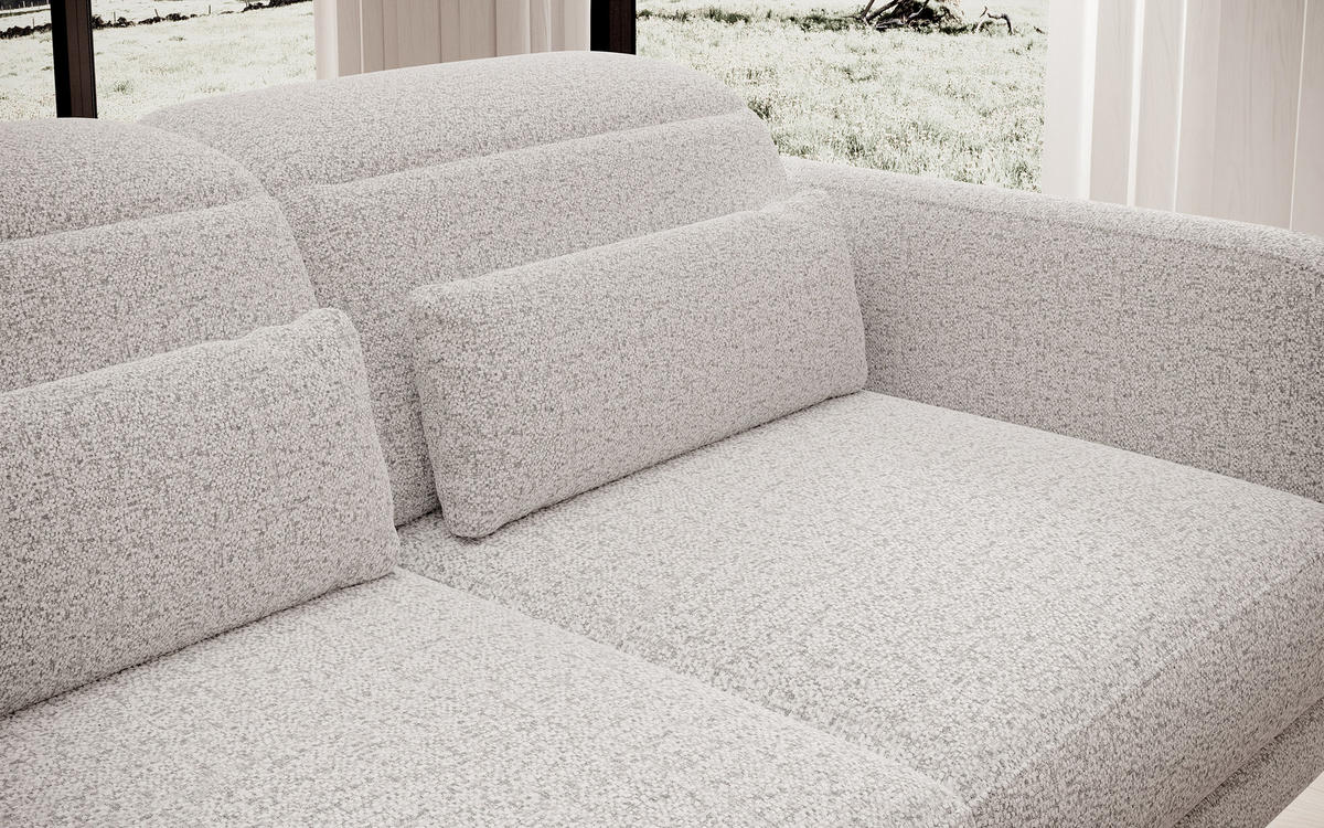 ECKSOFA Barillo – Verstellbare Rückenlehne, Stahlfüße, Elegante Armlehnen, Drei Rückenkissen, Freistehend, 261x170x97 cm – Rechte, Esche - Silberfarben, Holz/Textil (261/170cm) - DomoHome