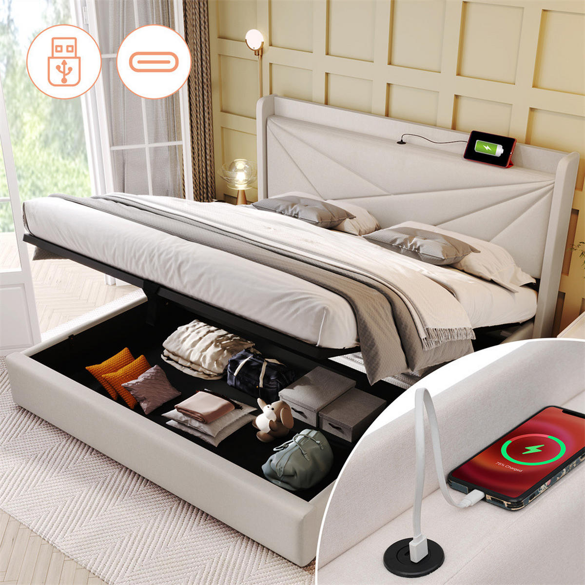 POLSTERBETT 160/200cm in Beige Leinen mit USB Typ C Ladefunktion Kopfteil - Beige, Holz/Textil (160/200cm) - KOMHTOM