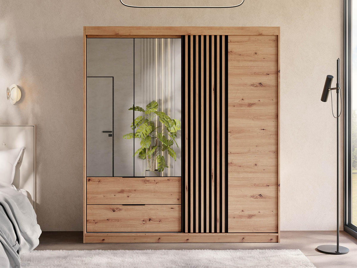 KLEIDERSCHRANK Majorka 203 - Schwarz/Eiche Artisan, Holzwerkstoff/Kunststoff (203/213/60cm) - MIRJAN24