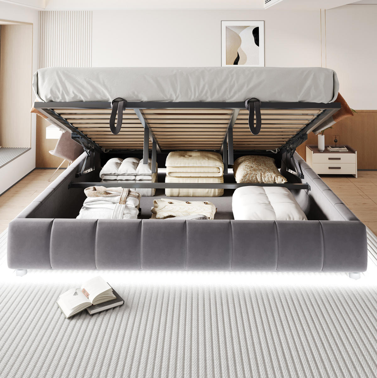 POLSTERBETT 180/200 cm Grau aus Flanellstoff mit Bettkasten und LED-Lichtleiste - Grau, Textil (180/200cm) - OKMYHOME