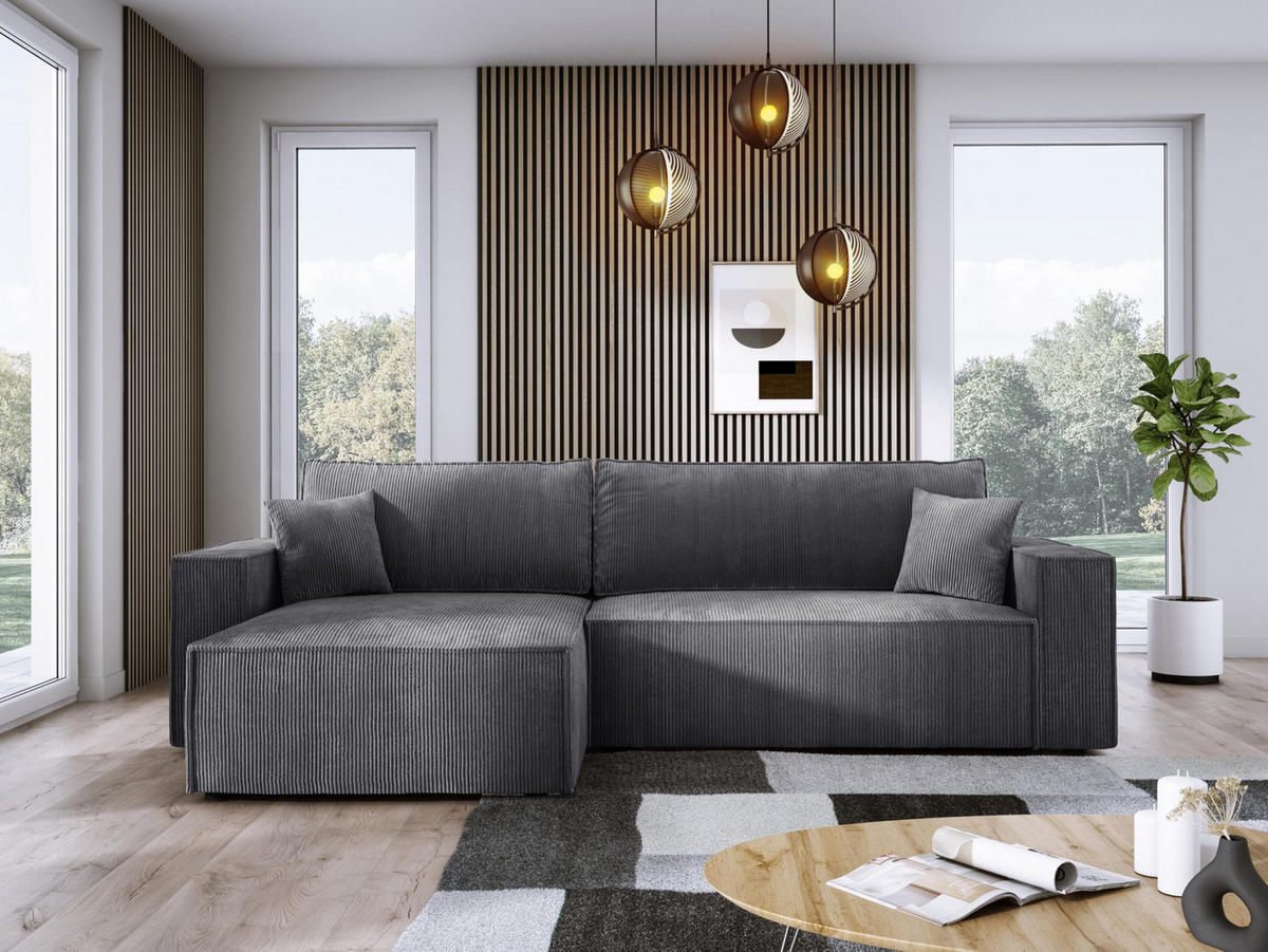 ECKSOFA POSO XL UNIVERSAL, Schlaffunktion und Lattenrost - L-Form, Cord, Federung auf Wellfedern, 274x143x83 cm, Links Grey - Grau, Holz/Textil (277/143cm) - DomoHome
