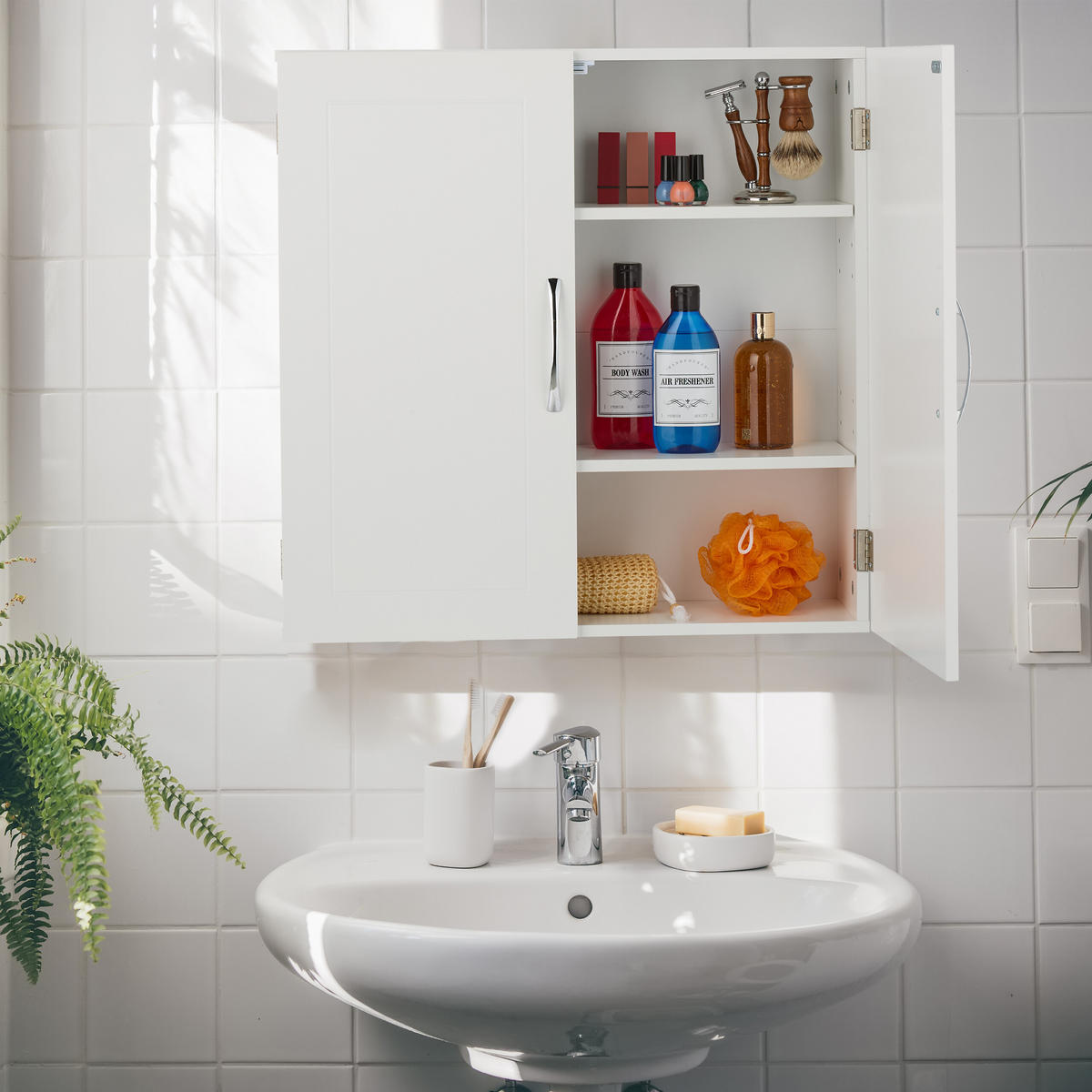 BADSCHRANK - Silberfarben/Weiß, Holzwerkstoff/Metall (60/60/18cm) - Relaxdays