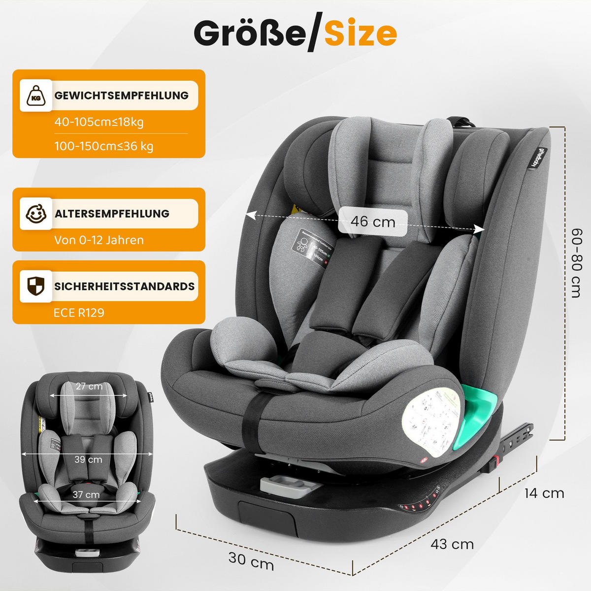 AUTOKINDERSITZ 360° Drehbarer i-Size Kindersitz mit ISOFIX, 40-150 cm - Grau, Textil (46/80/57cm) - BEXEVUE