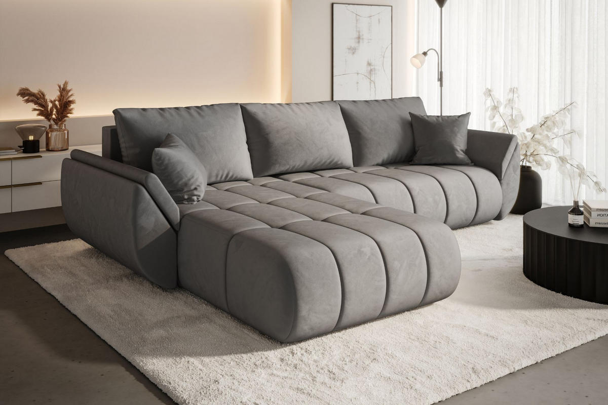 ECKSOFA TOKYO PREMIUM mit Schlaffunktion, Stoff MONOLITH, Hellgrau, Links - Hellgrau, Holz (280/190cm) - Kaiser Möbel