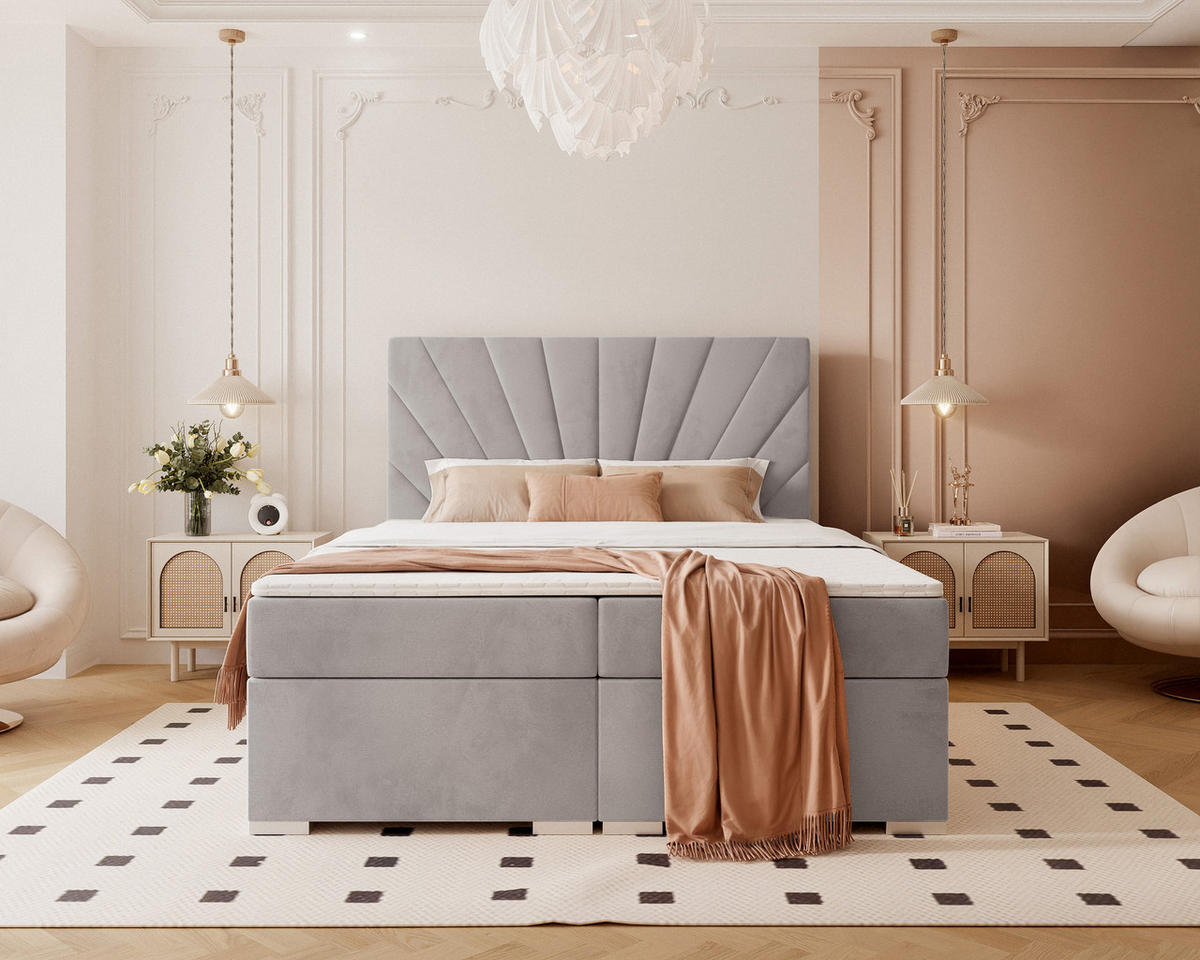 BOXBETT OASIS 140/200 cm mit Matratze und Topper, Grau - Chromfarben/Grau, Textil/Metall (140/200cm) - Idohome