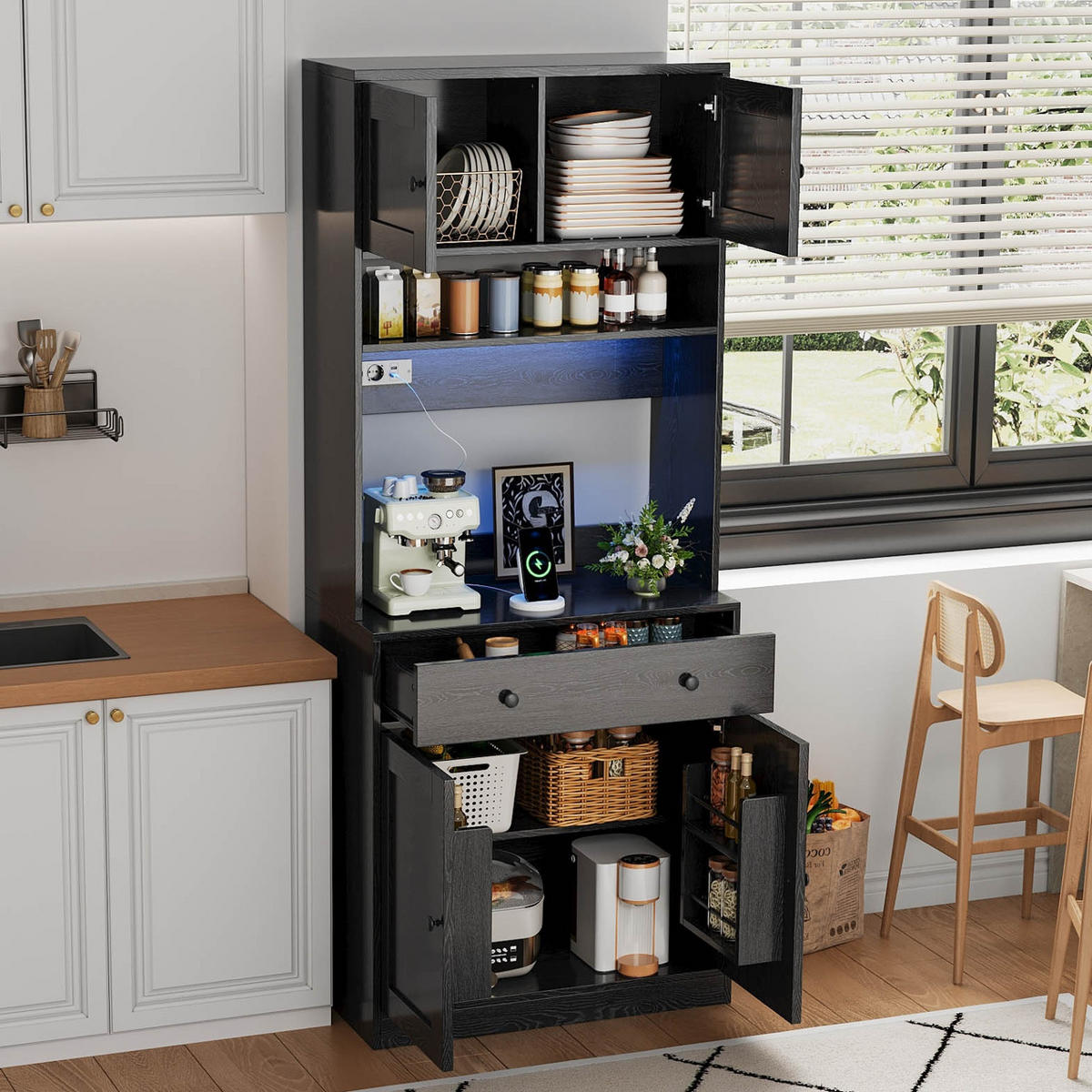 KÜCHENSCHRANK 72/180/40 cm MDF Schwarz MIT STECKDOSE UND LED-BELEUCHTUNG für Küche und Esszimmer - Schwarz, Holzwerkstoff (40/180/72cm) - Rolipo