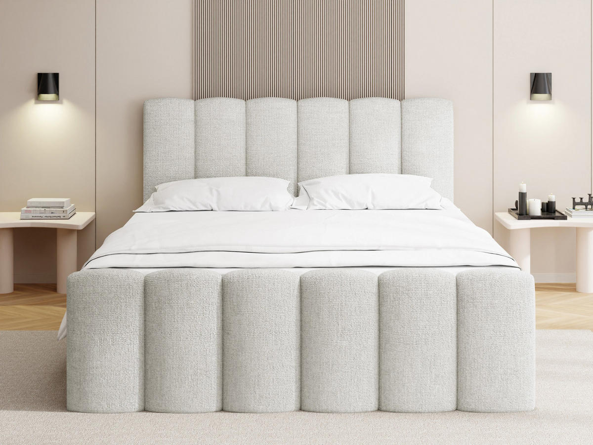 BOXBETT Serenity mit Bettkasten, Weiß Chenille 160x200 cm – inkl. H4 Taschenfederkern Matratze & Foam Topper - Schwarz/Weiß, Holz/Holzwerkstoff (160/200cm) - WFL GROUP