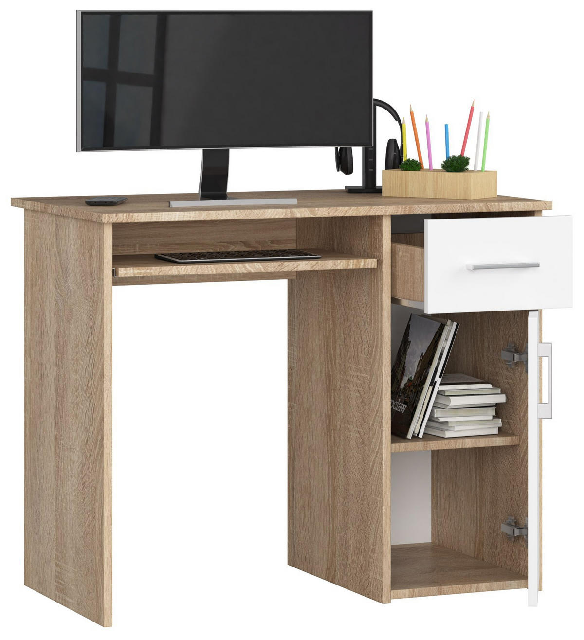 SCHREIBTISCH Sonoma Eiche, Weiß 90x50x74 cm - Silberfarben/Weiß, Holzwerkstoff/Kunststoff (50/90/74cm) - Akord