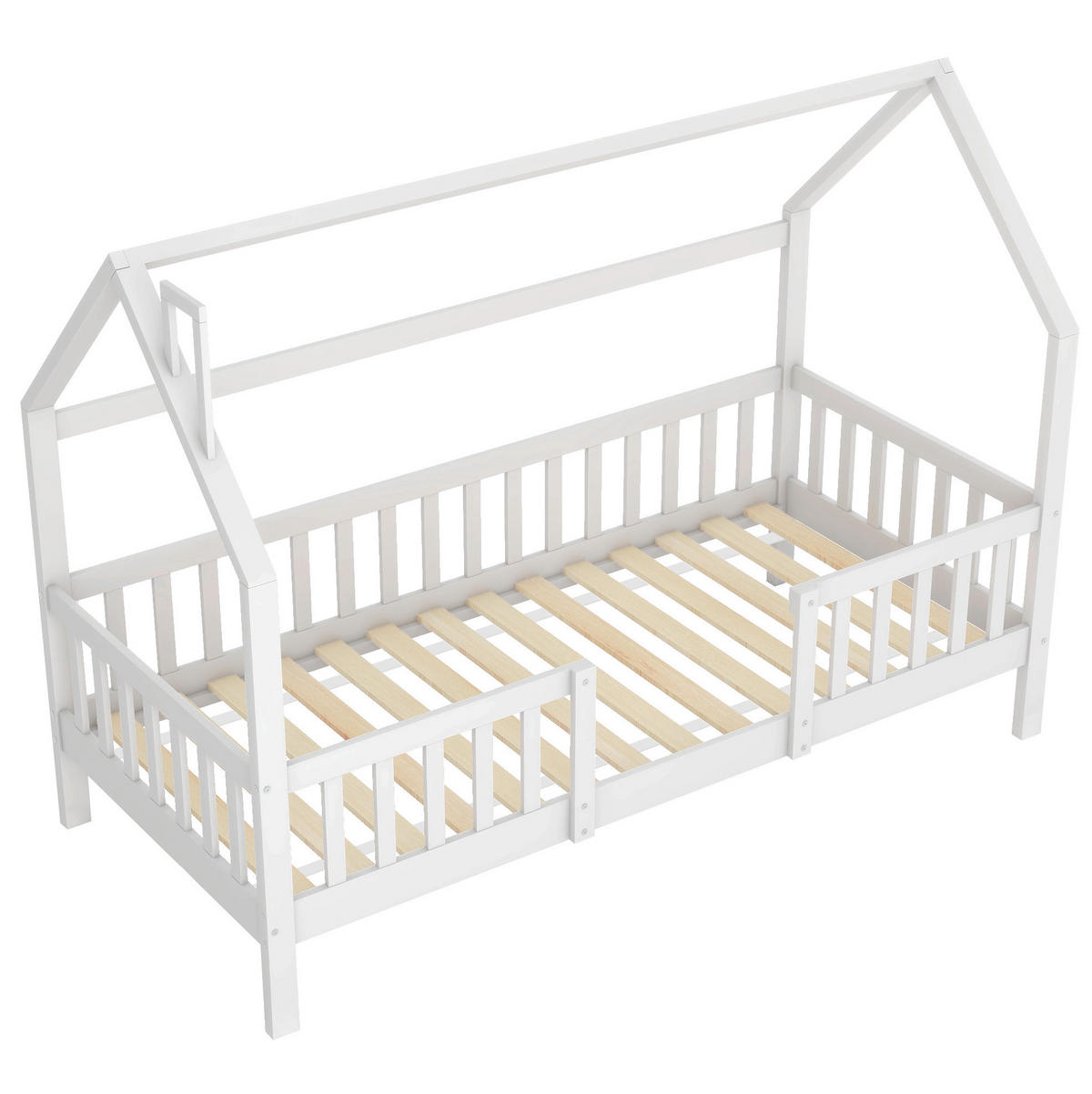 HAUSBETT 90/200 cm Weiß aus Kiefernholz mit robustem Lattenrost - Weiß, Holz (90/200cm) - OKWISH