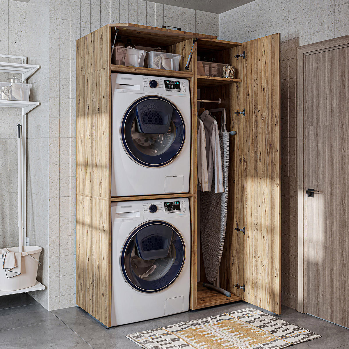WASCHMASCHINENSCHRANK DUO-II 112cm Breit, 205cm Hoch - Eichefarben, Holzwerkstoff (112/205/67cm)