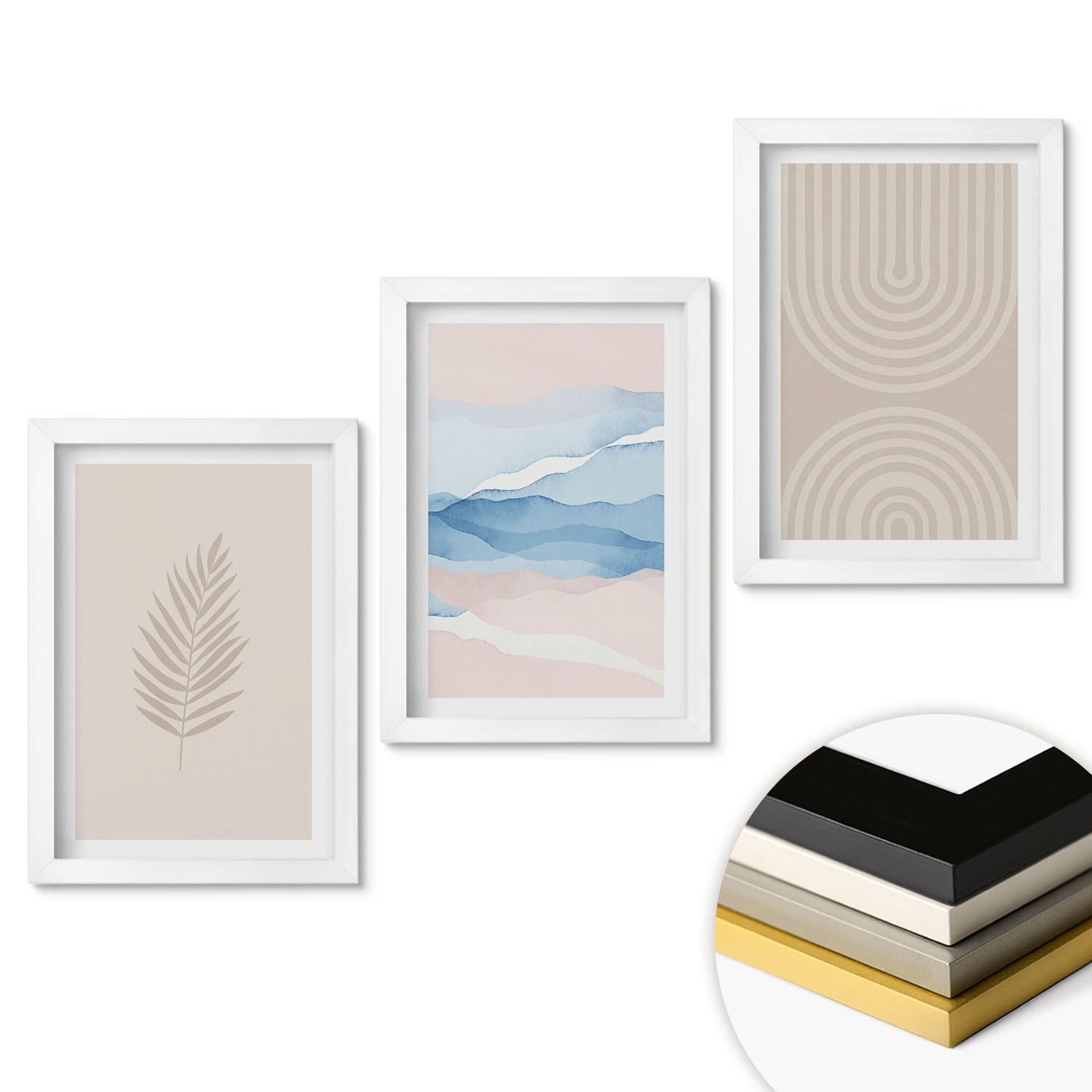 WANDBILDER 3er-Set - 20x30 cm Weißer Rahmen - Blätterwellen beige blau - Weiß, Kunststoff (20/30cm) - ArtPrintCave