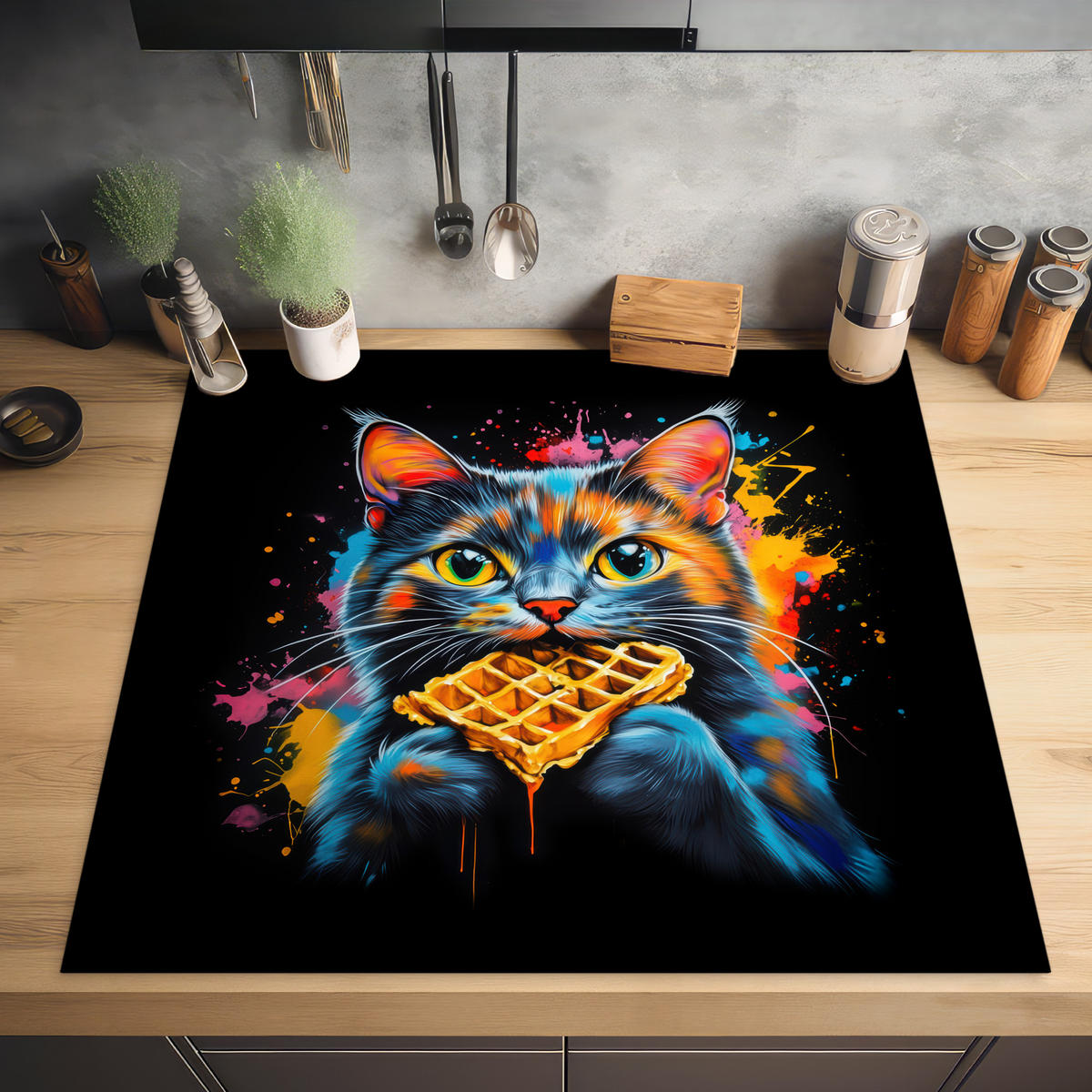 HERDABDECKPLATTE Katze - Graffiti - Bunt - Waffel - Essen Induktionsmatte 78x78 cm - Multicolor, Kunststoff (78/78/0.2cm) - MuchoWow