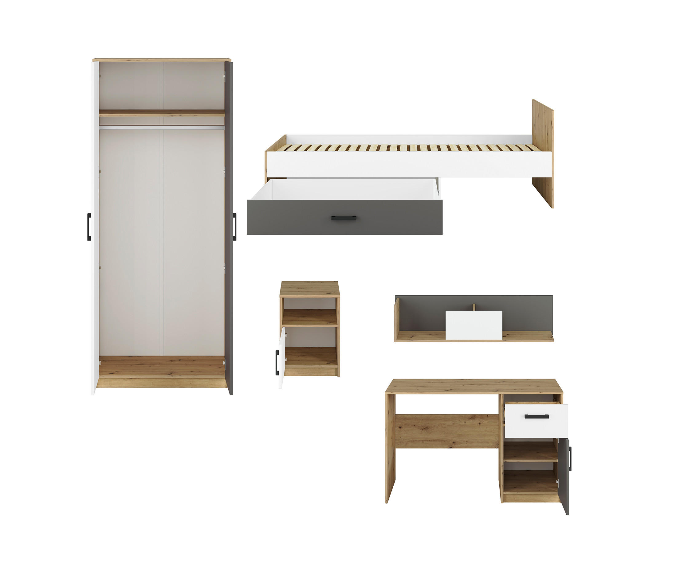 KINDERZIMMER-SET Fini Artisan Eiche / weiß / anthrazit 5-teilig - Weiß/Braun, Holz/Holzwerkstoff (334/191/204cm) - Feldmann-Wohnen