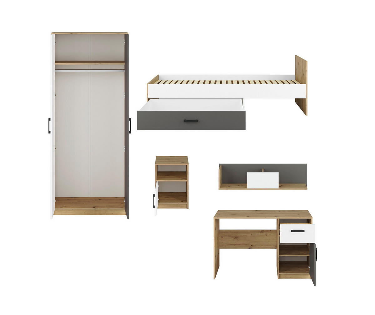 KINDERZIMMER-SET Fini Artisan Eiche / weiß / anthrazit 5-teilig - Weiß/Braun, Holz/Holzwerkstoff (334/191/204cm) - Feldmann-Wohnen