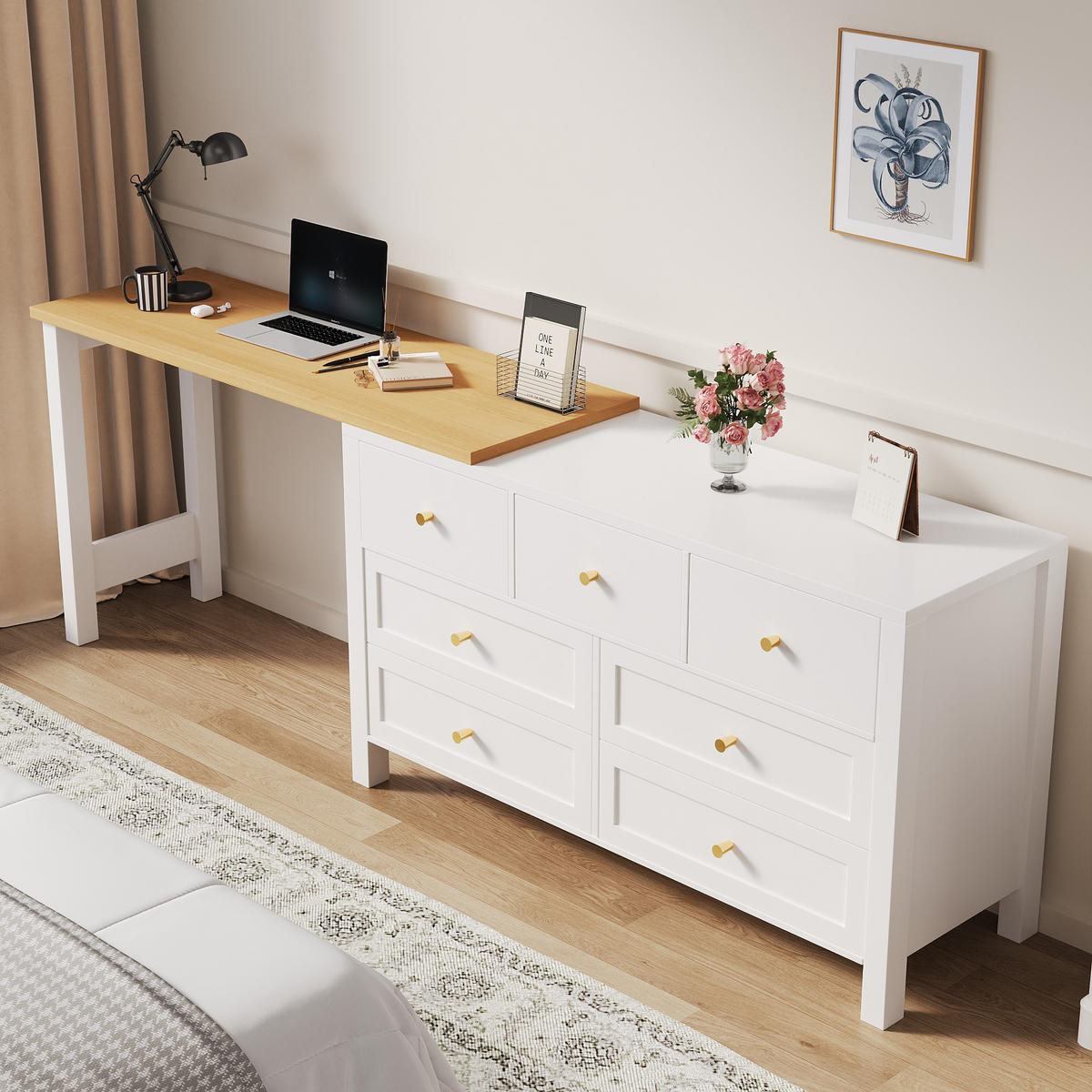 SCHREIBTISCH 2-in-1 7 Schubladen 360° drehbar Eiche Weiß modern - Multicolor, Holzwerkstoff (120/40/70cm) - FLIEKS