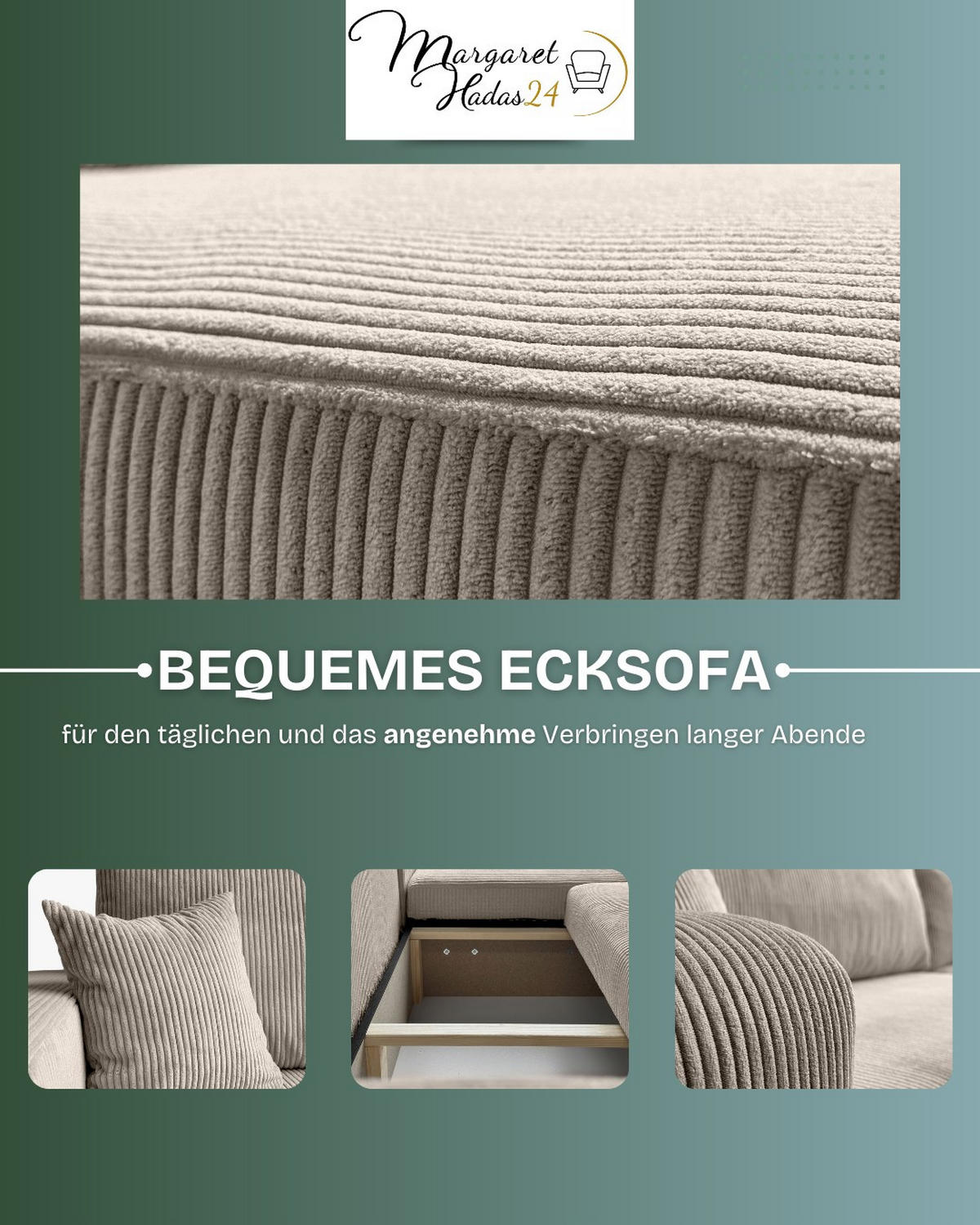 ECKSOFA Sofia in L-Form 277 x 143 cm Schlaffunktion Bettkasten Couch Cord universale Seite, beige - Beige, Kunststoff (143/83/277cm) - Margaret Hadas24
