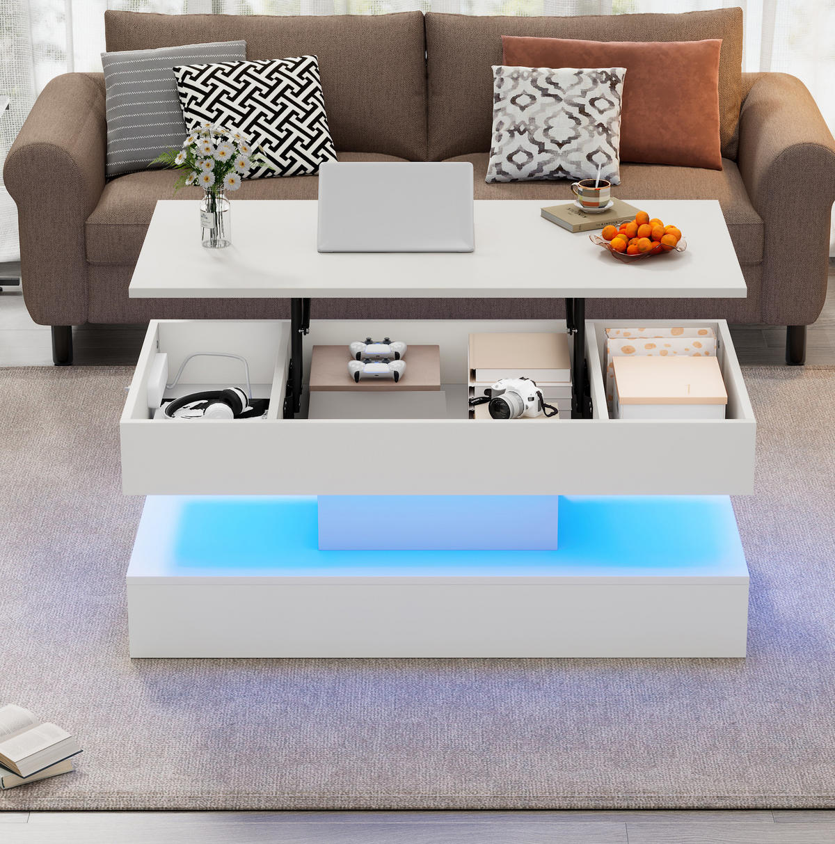 COUCHTISCH, höhenverstellbar mit LED, verstecktem Stauraum und integrierten EU‑Steckdosen, 100/50/42 cm, weiß - Weiß, Holzwerkstoff (100/50/42cm) - Redom