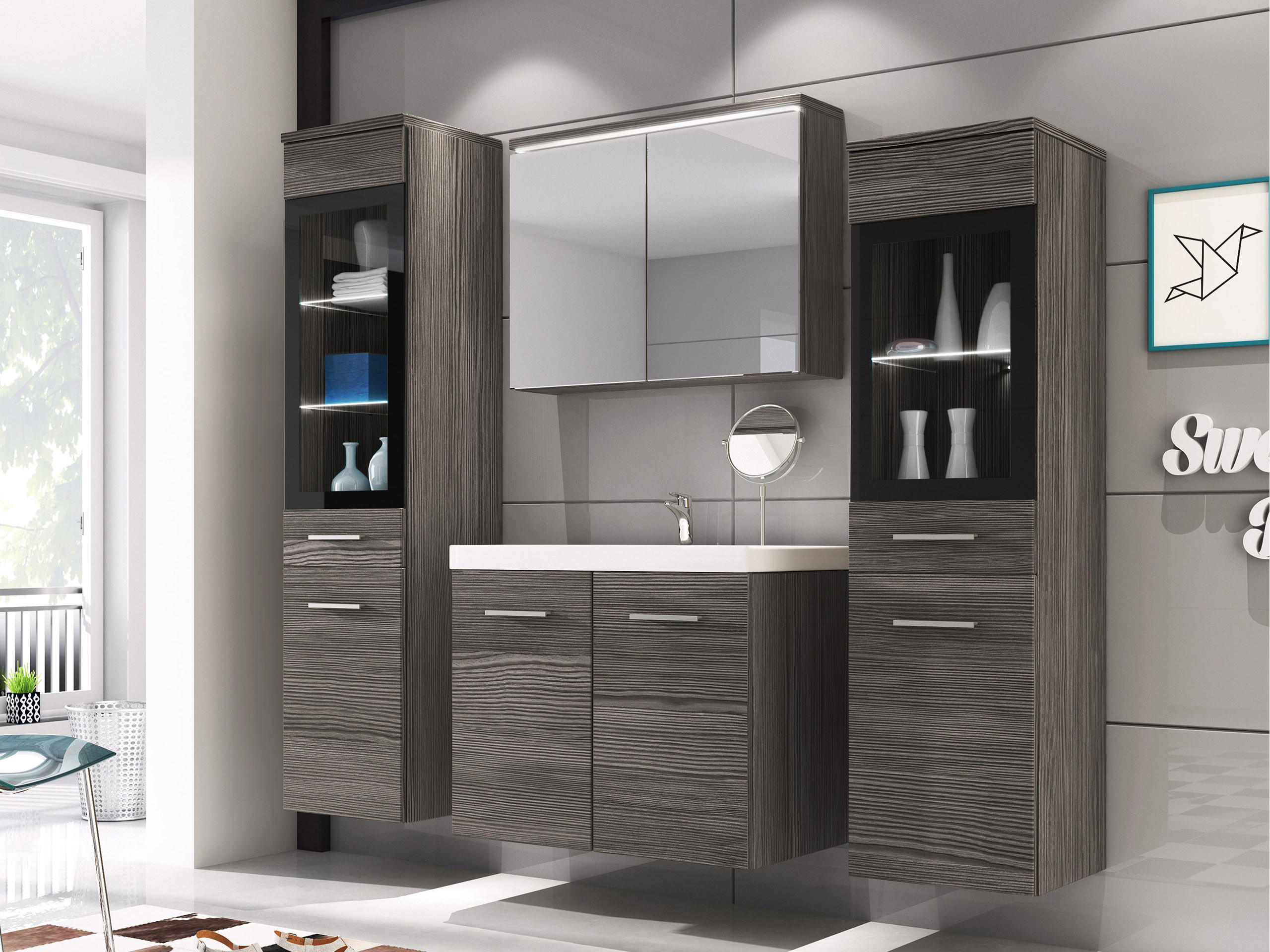 BADMÖBEL-SET Madrit II mit weißer LED Beleuchtung - Greige/Silberfarben, Holzwerkstoff/Kunststoff (132/132/30cm) - MIRJAN24