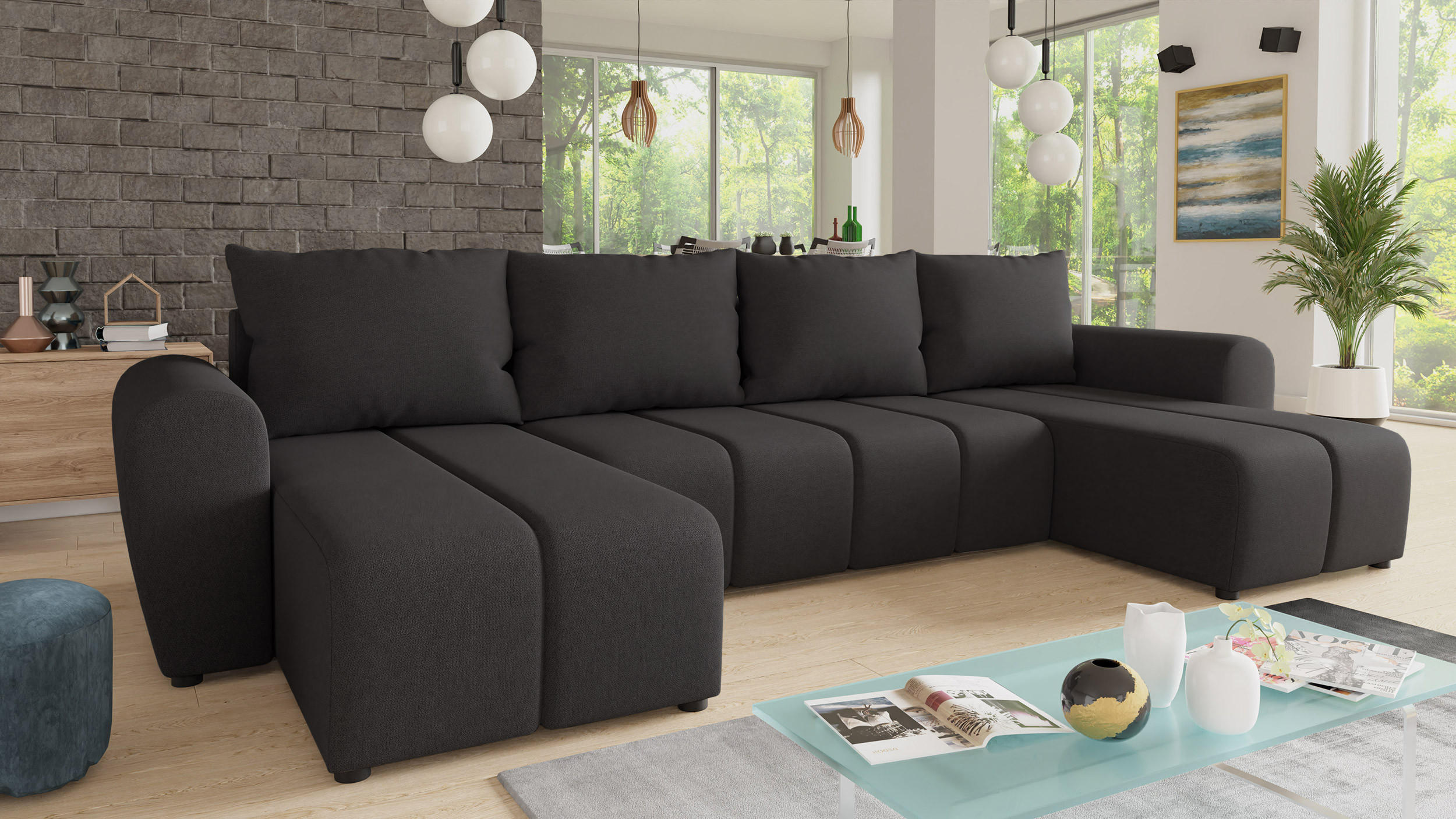WOHNLANDSCHAFT Cleo U - Schwarz, Holz/Textil (315/90/147cm) - Sofnet