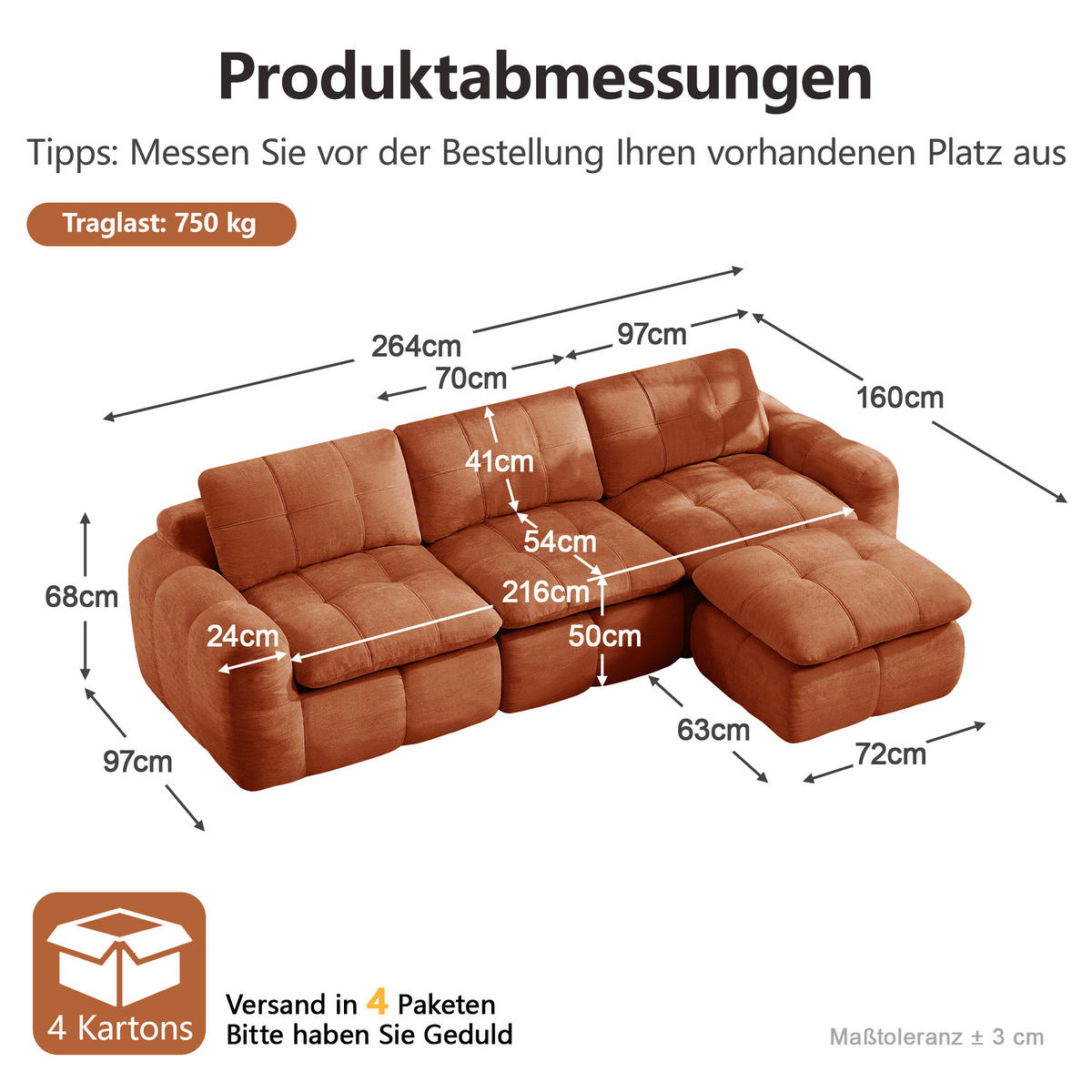 ECKSOFA DE-34464 L-Form mit Ottoman und Chenille-Bezug Orange - Orange, Textil (160/264cm) - ComfortXL
