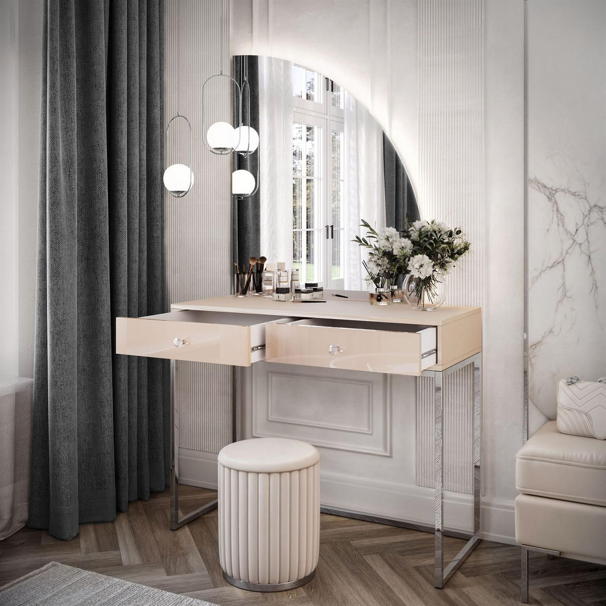 SCHMINKTISCH QUINNIE KASCHMIR mit LED-Spiegel Chrom rechts Griff Kristall - Kaschmir/Silberfarben, Holzwerkstoff (100/175/42cm) - Lookway