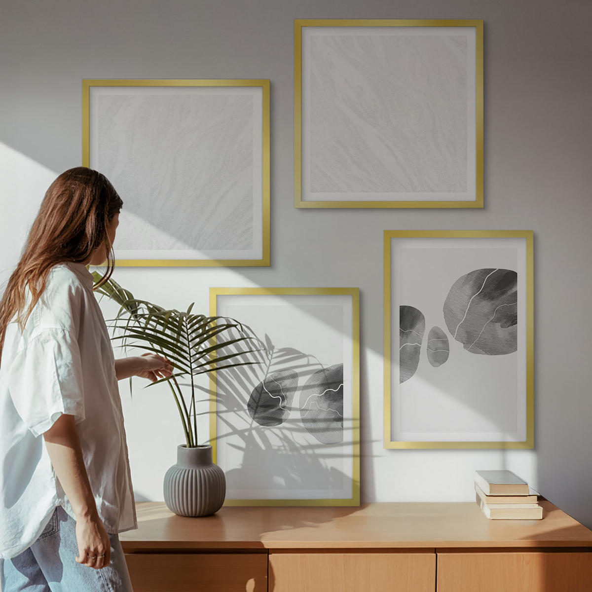 BILDER SET 4er Set - 50x50 cm & 40x60 cm Goldrahmen - Abstrakte Kunst, Farbspritzer - Goldfarben, Kunststoff (50/50cm) - TULUP