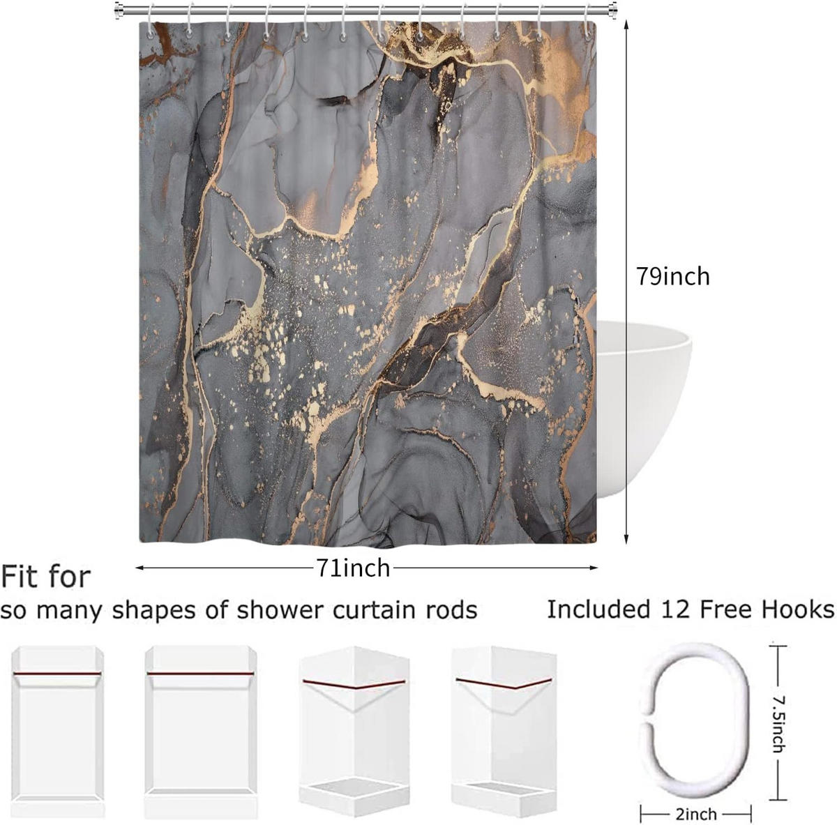 DUSCHVORHANG Grau Gold Marmor abstrakt modern Luxus Kunst wasserdicht mit Haken Badewanne - Multicolor, Textil (200/180cm) - MCBOSON