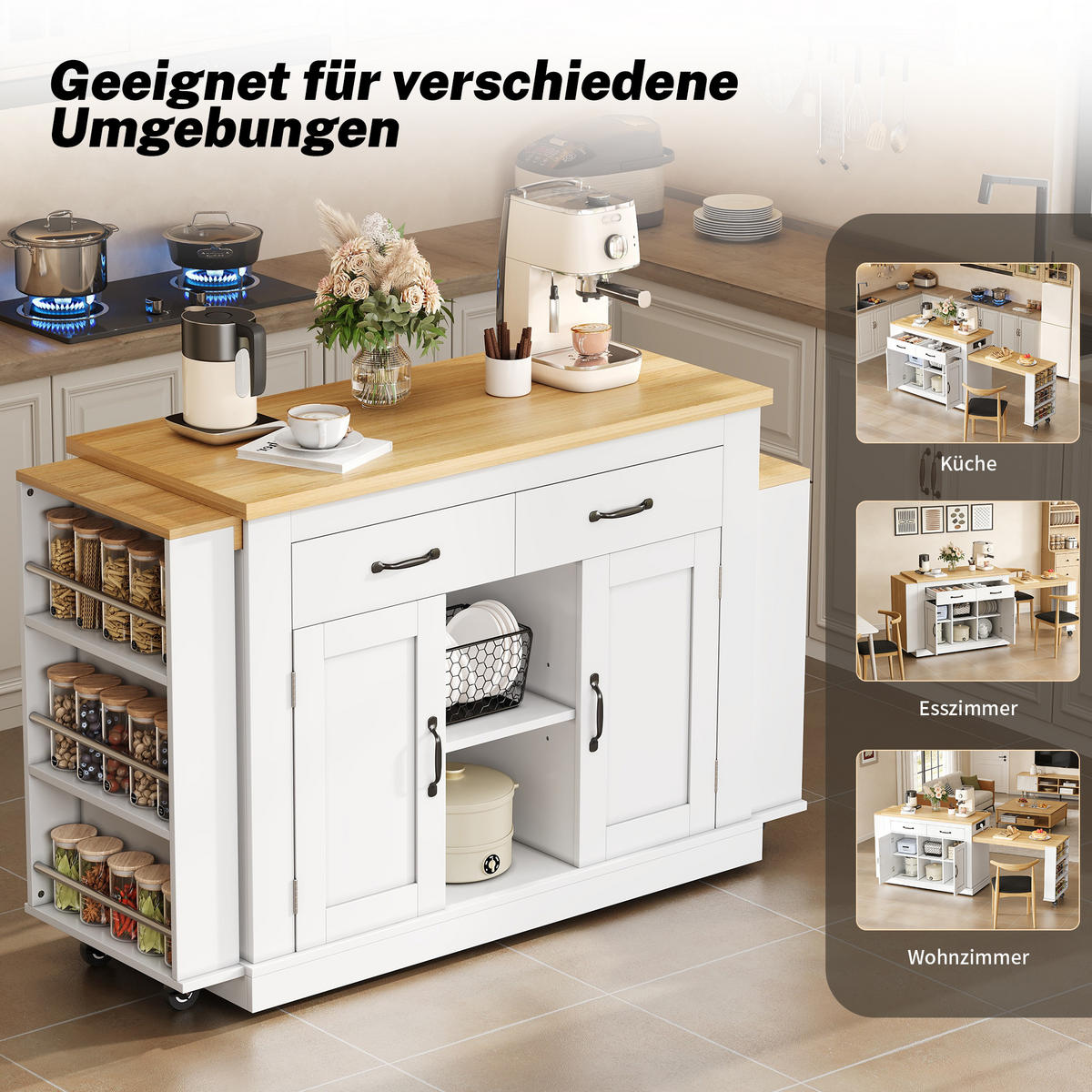KÜCHENINSEL 133.5/60/93 cm Weiß mit 2 Schubladen, 2 ausziehbaren Arbeitsflächen und 2xUSB-Anschlüsse - Weiß, Holz/Holzwerkstoff (142/93/55cm) - Oxeza