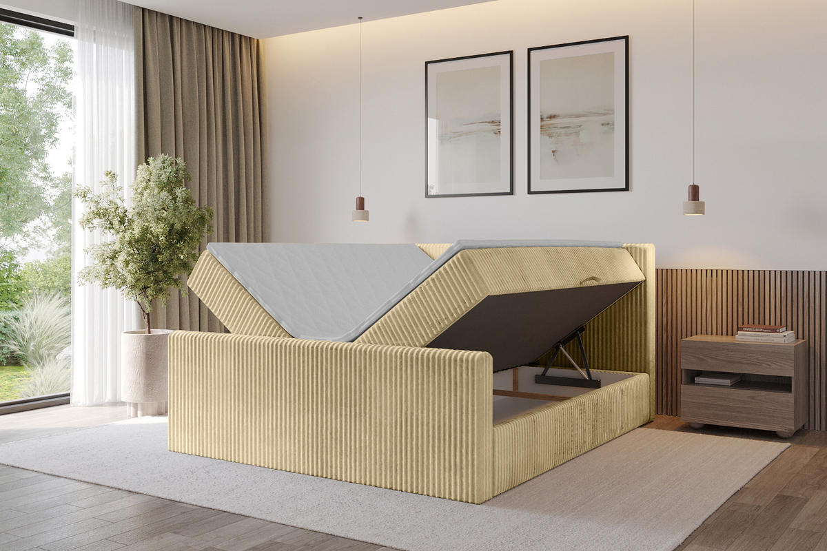 BOXBETT mit Matratze H4 und Lattenrost - TOLO-Z - 200x200 Cord - Ecru - Ecru, Holzwerkstoff (200/200cm) - ALTDECOR