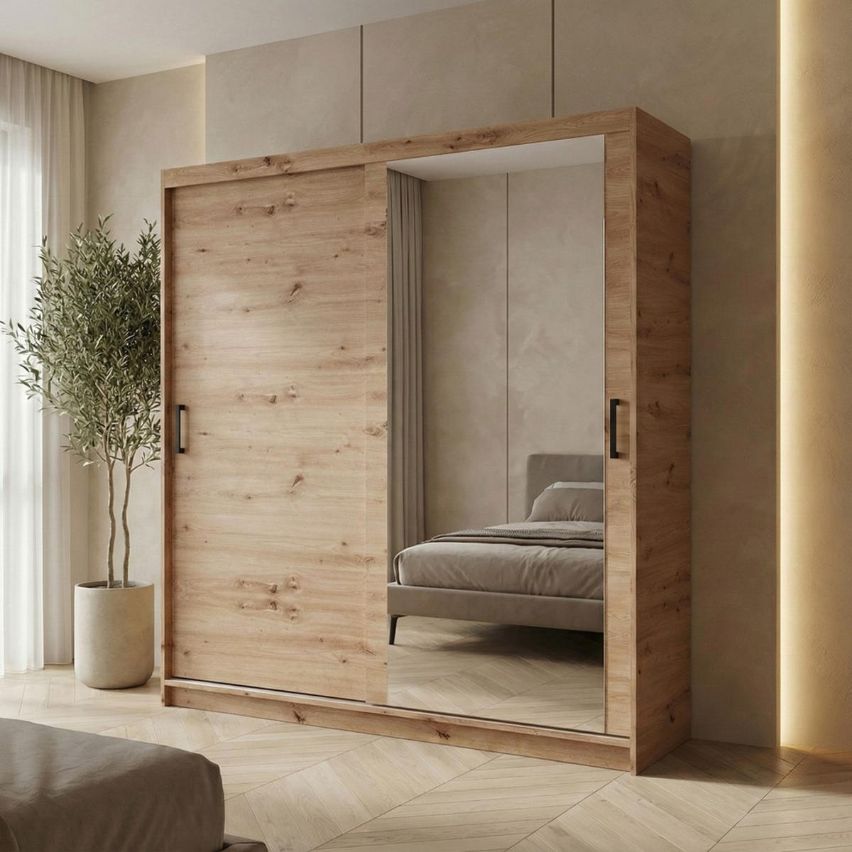 SCHWEBETÜRENSCHRANK Hela 180/205/60 2-türig eiche Artisan mit Spiegel - Eiche Artisan, Holzwerkstoff (180/205/60cm) - Beautysofa