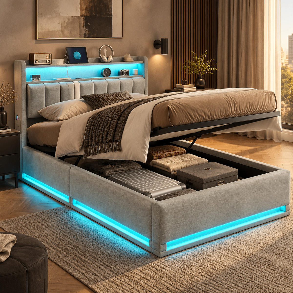 POLSTERBETT 90/200 cm,Einzelbett Grau aus Leinen, mit Stauraum, LED-Beleuchtung&USB-Ladefunktion - Naturfarben/Grau, Holz/Metall (90/200cm) - FURNISHINGS HOME