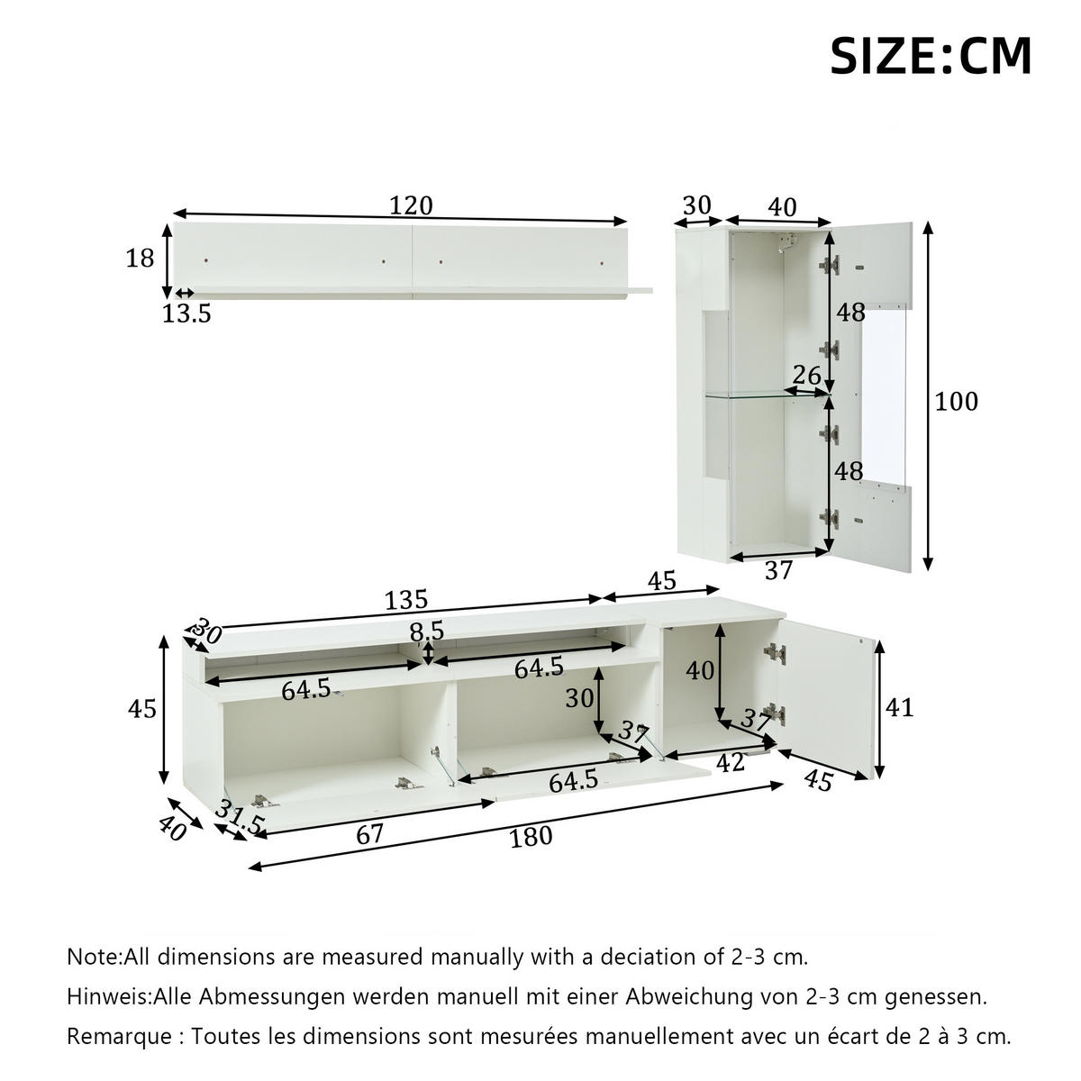 TV-WOHNWAND 3-tlg. mit LED 180 cm Hochglanz Weiß - Weiß, Glas (40/45/180cm) - Beauniv