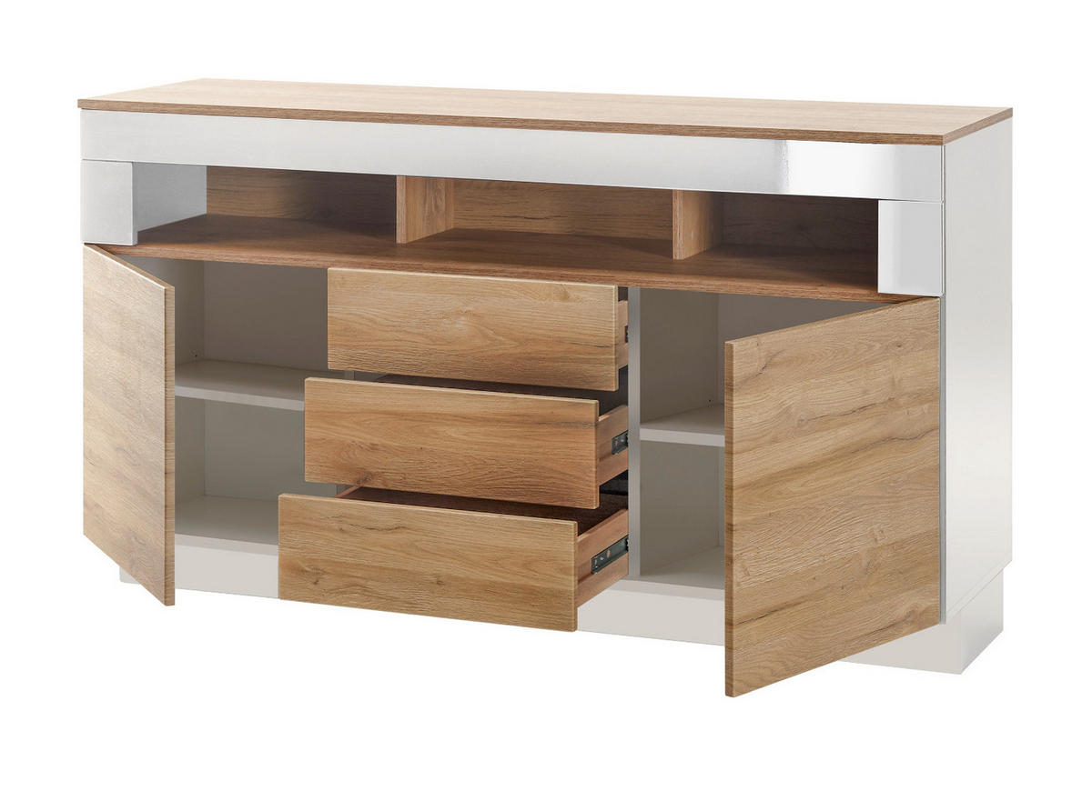 SIDEBOARD Grandson Eiche, weiß Hochglanz, Kommode 149 x 85 cm - Eichefarben/Weiß Hochglanz, Holzwerkstoff (149/85/43cm) - Furn.Design