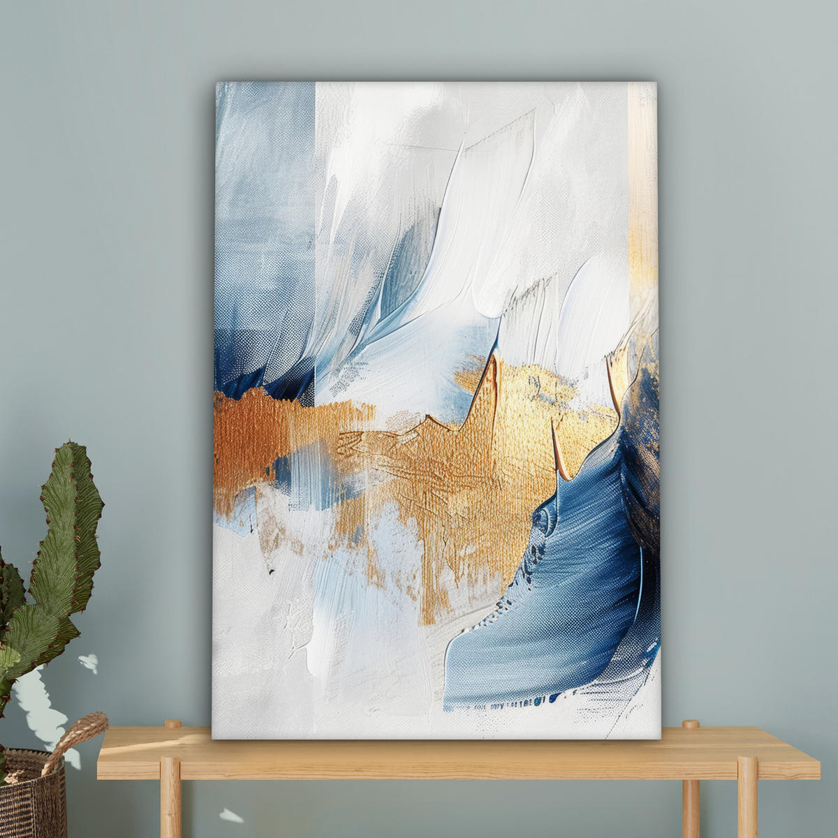 LEINWANDBILD Gold - Blau - Aquarell - Kunst - Modern Wanddeko 40x60 cm - Hellblau, Textil (40/60cm) - MuchoWow