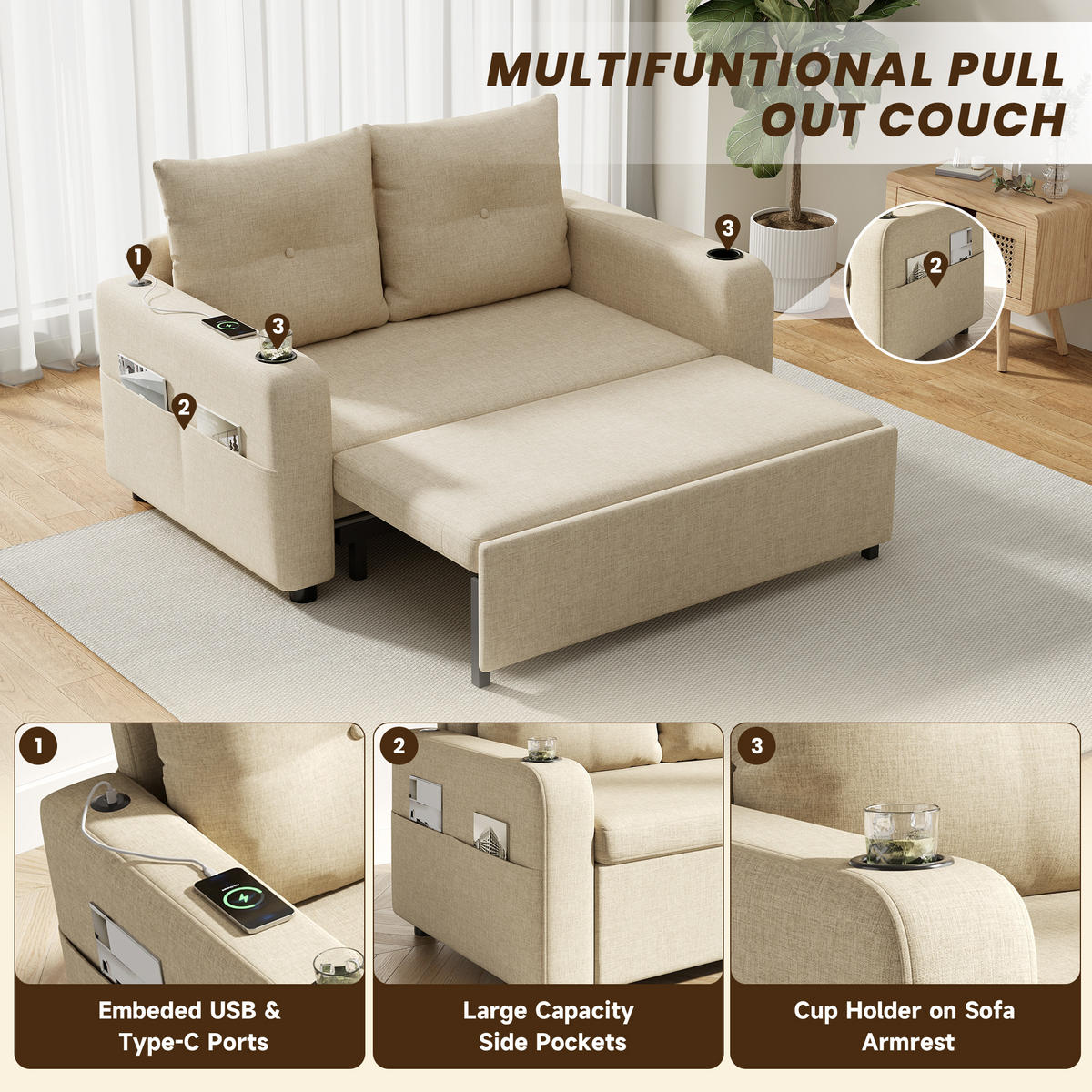 SCHLAFSOFA 3-in-1 mit Getränkehalter, Taschen und USB, Beige - Beige, Textil (131/94/81cm)